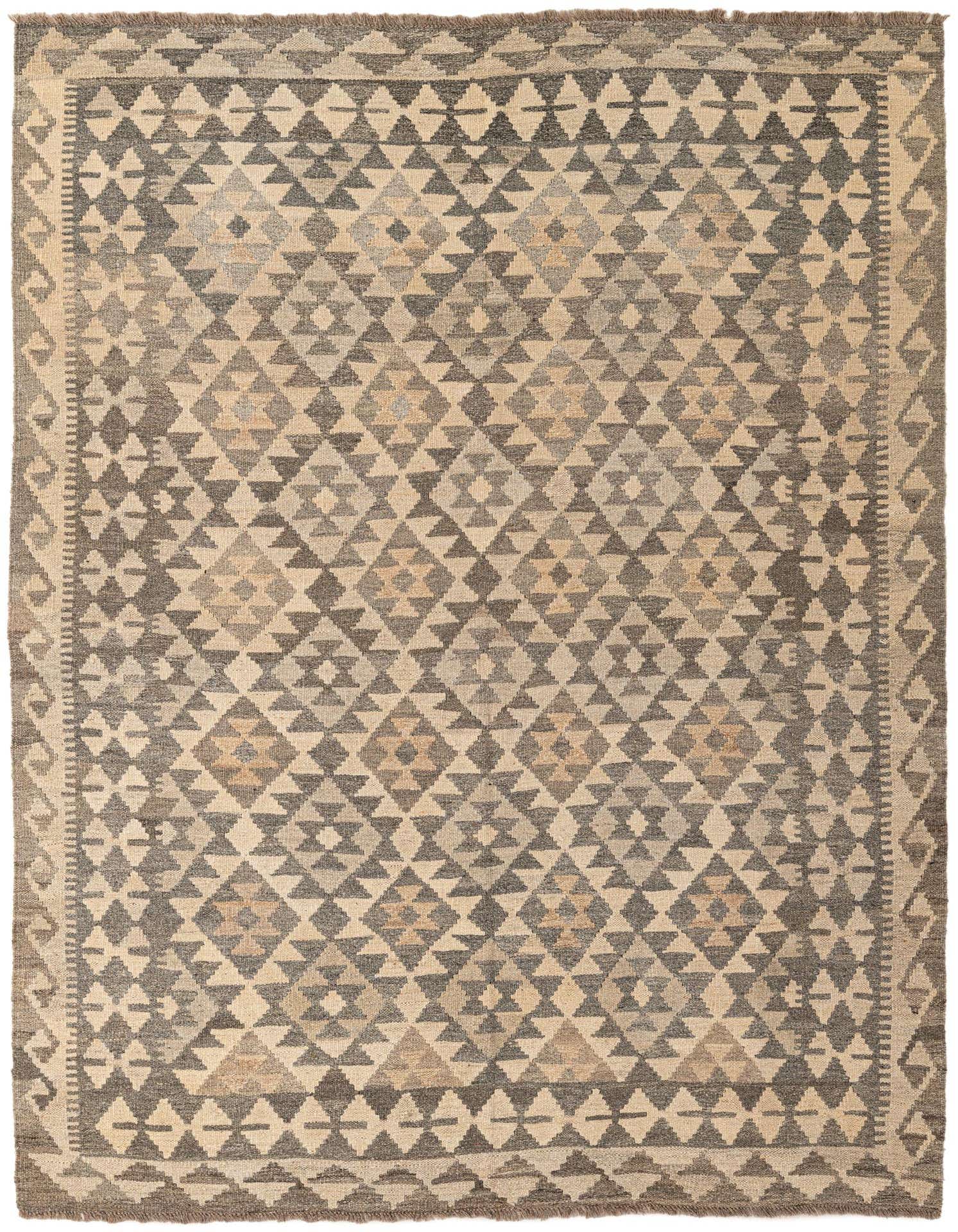 A 5x7 rectangular Kilim Maymana rug featuring a tribal geometric pattern in shades of ivory, cream, and gray.