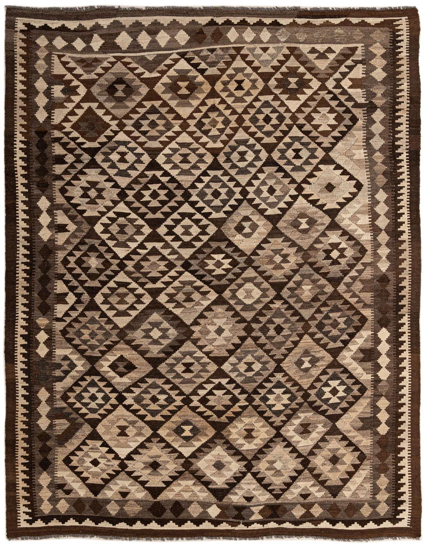A 6x9 rectangular Kilim Maymana rug with a tribal geometric pattern in shades of ivory, cream, and dark brown, suitable for a living room.