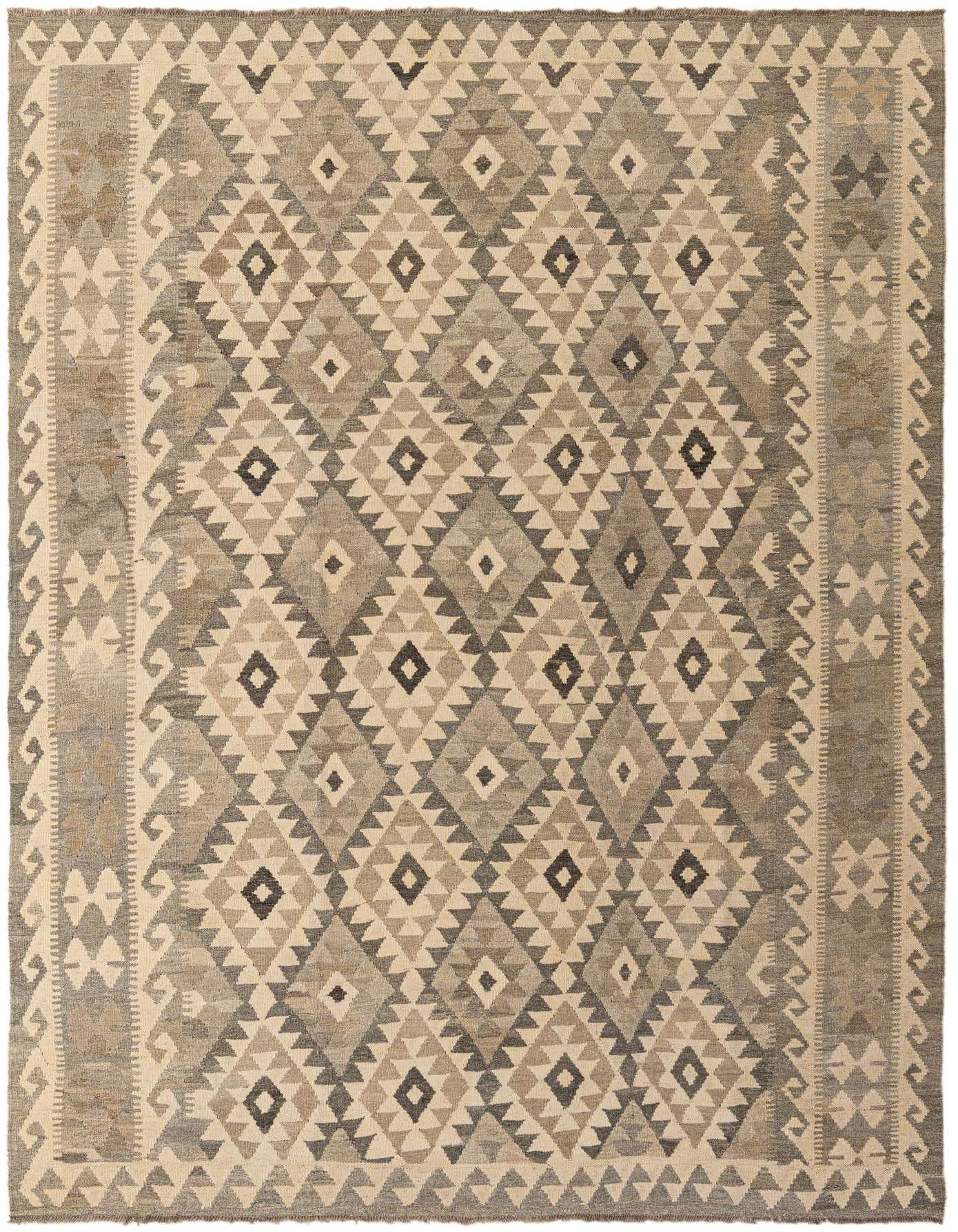 A 6x9 rectangular Kilim Maymana rug with a tribal geometric pattern in ivories, creams, and various shades of brown.