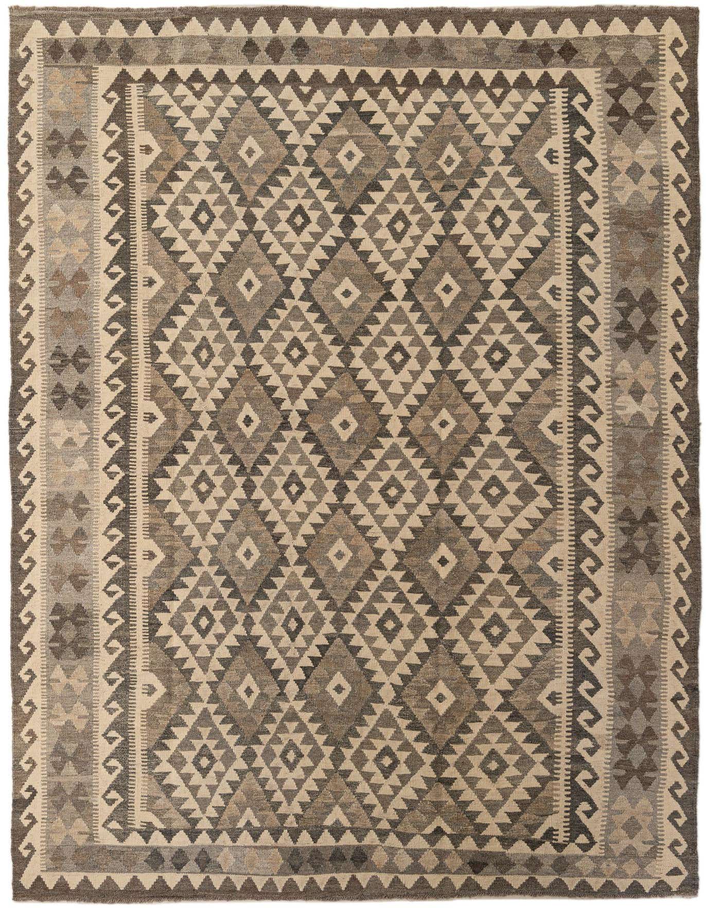 A 7x10 rectangular Kilim Maymana rug featuring a tribal geometric pattern in shades of ivory, cream, and brown.