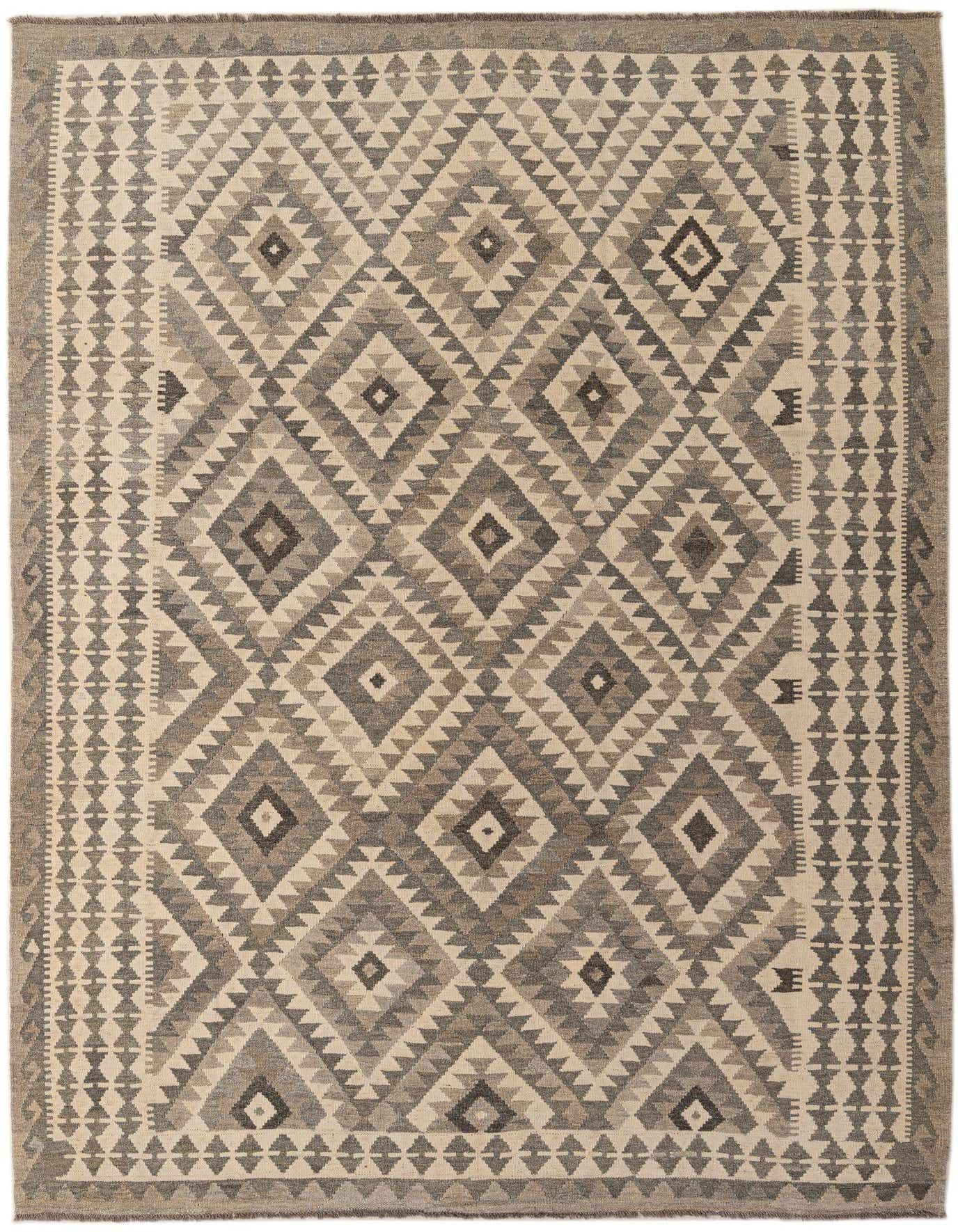 A 7x10 rectangular Kilim Maymana rug featuring a tribal geometric pattern in shades of ivory, cream, and gray.