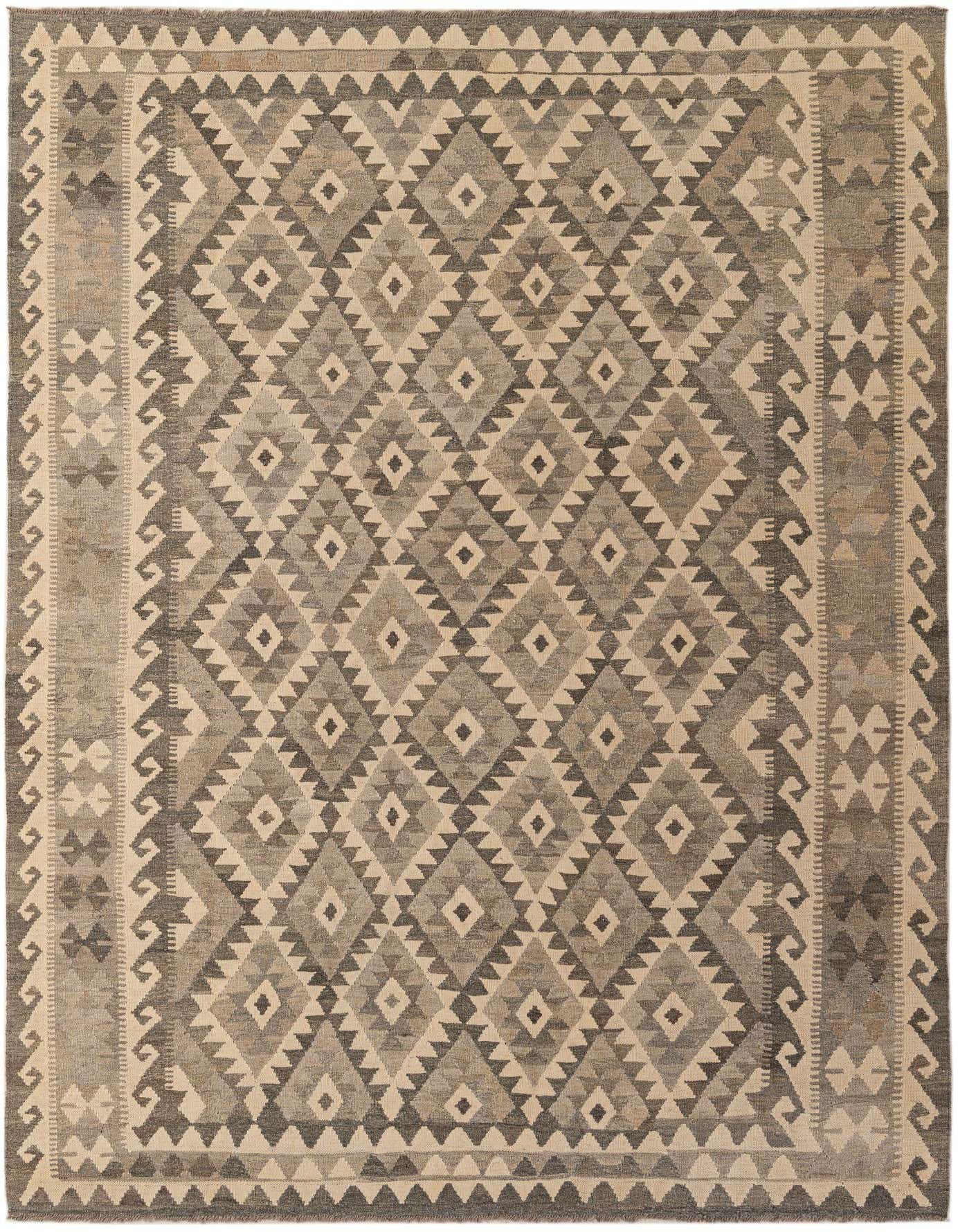 A 7x10 rectangular Kilim Maymana rug featuring a tribal geometric pattern in shades of ivory, cream, and gray.
