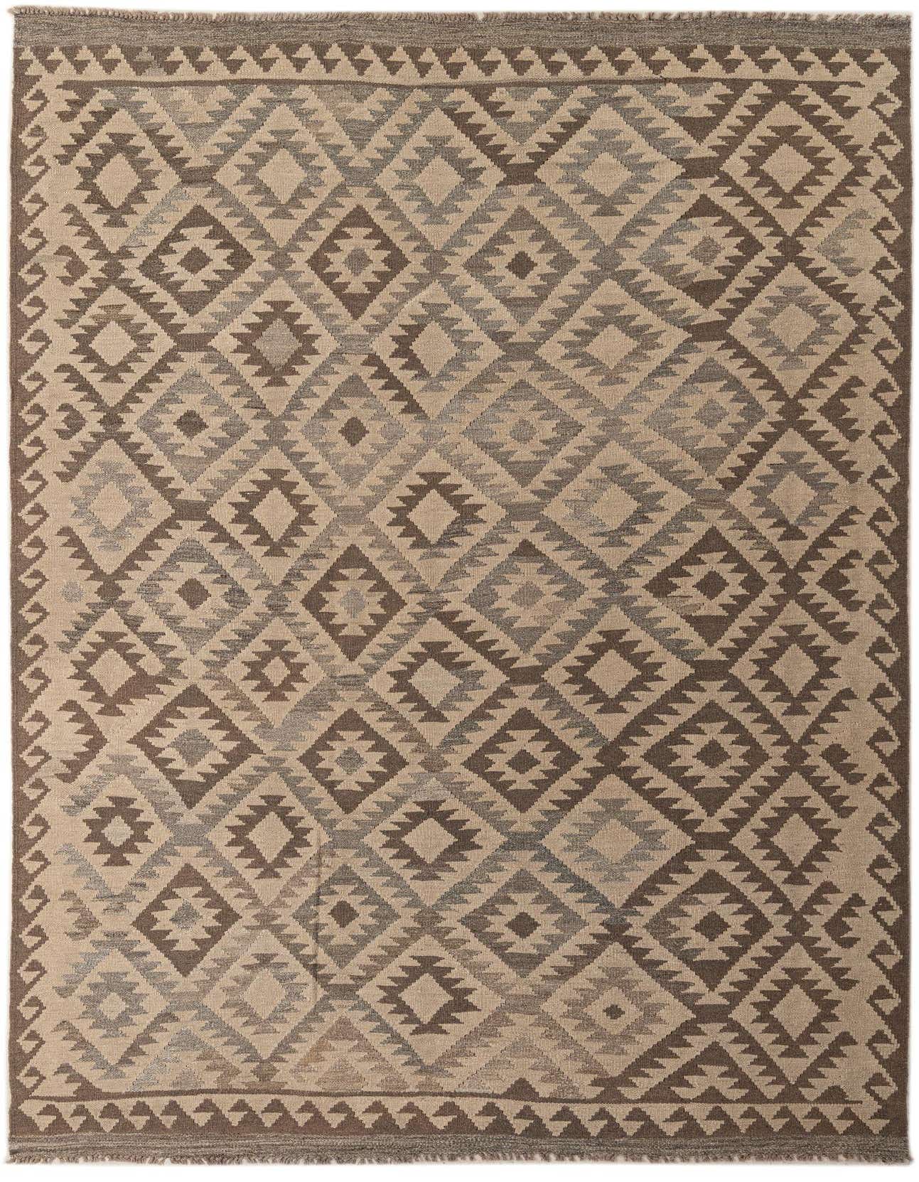 A 6x9 rectangular Kilim Maymana rug with a tribal geometric pattern in shades of ivory, cream, and brown.