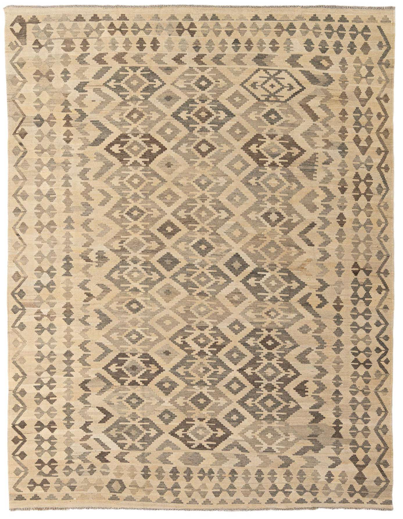 A 7x10 rectangular Kilim Maymana rug featuring tribal geometric patterns in shades of ivory, cream, and brown.