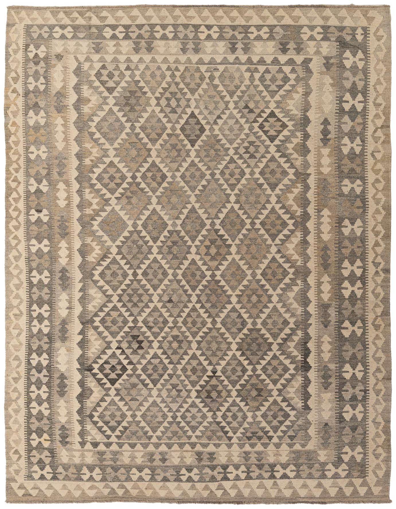 A rectangular 7x10 Kilim Maymana rug featuring a tribal geometric diamond pattern in shades of ivory, cream, and gray.