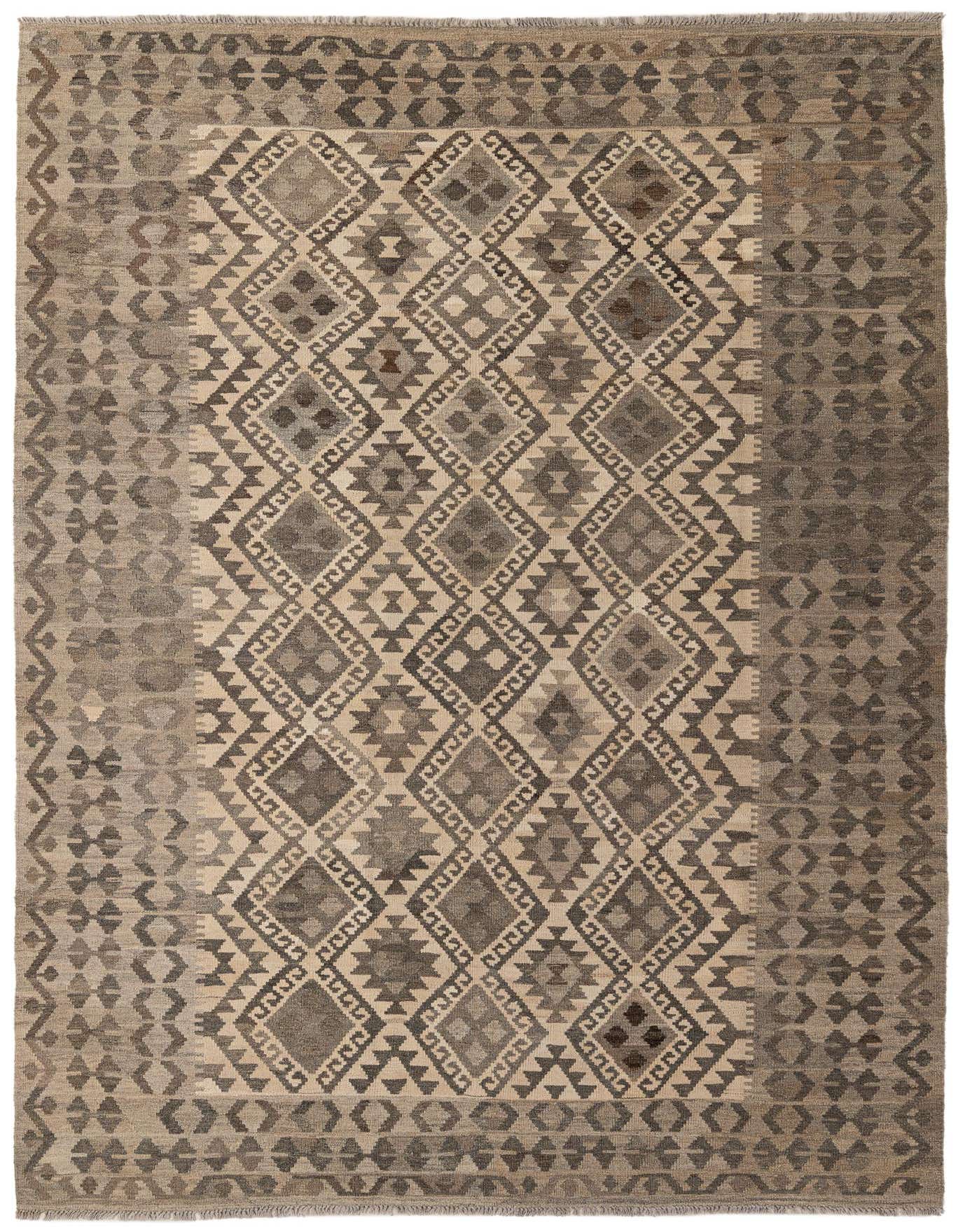 A 7x10 rectangular Kilim Maymana rug featuring a tribal geometric pattern in shades of ivory, cream, and brown.