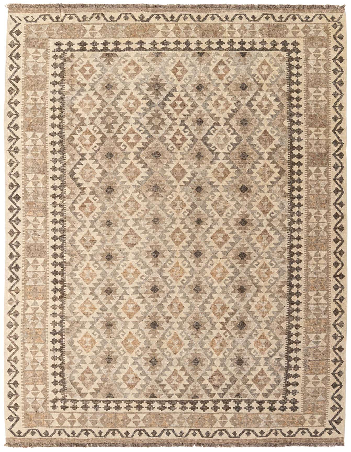 A 7x10 rectangular Kilim Maymana rug featuring a tribal geometric pattern in ivories, creams, and various shades of brown.