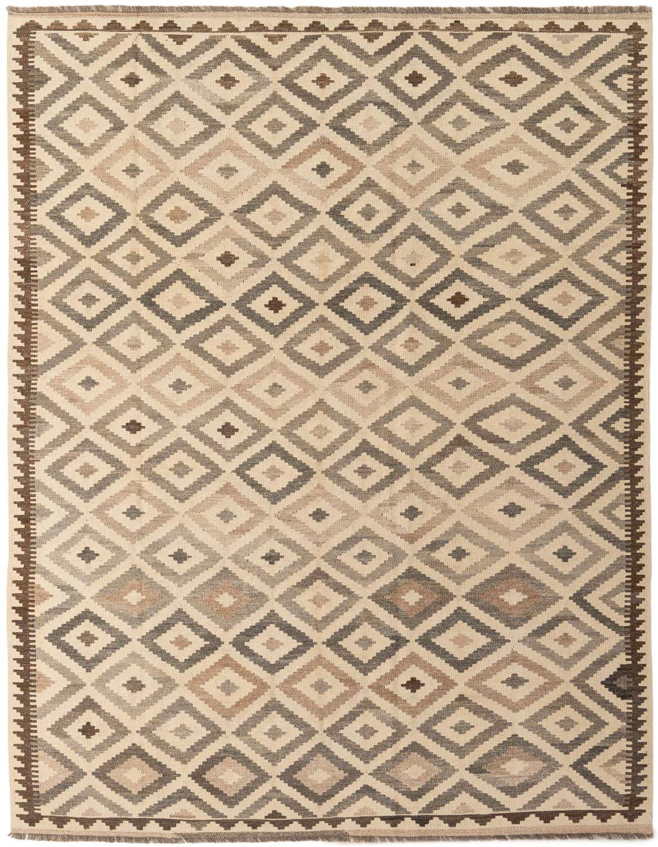 A 7x10 rectangular flatweave Kilim Maymana rug featuring a tribal diamond pattern in ivories, creams, and various shades of brown and grey.