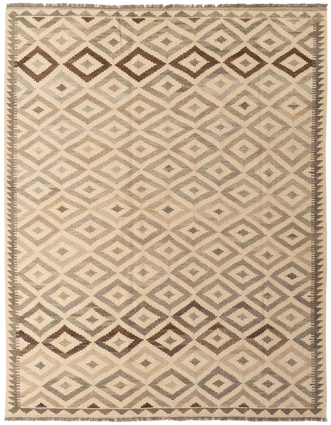 A 7x10 rectangular flatweave Kilim Maymana rug with a tribal geometric diamond pattern in ivory, cream, and brown tones.
