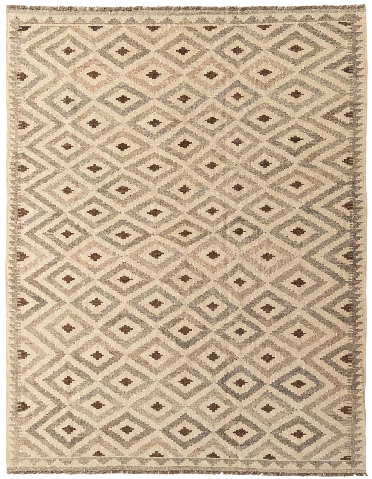A 7x10 rectangular Kilim Maymana rug featuring a tribal geometric diamond pattern in ivories, creams, and various shades of brown.