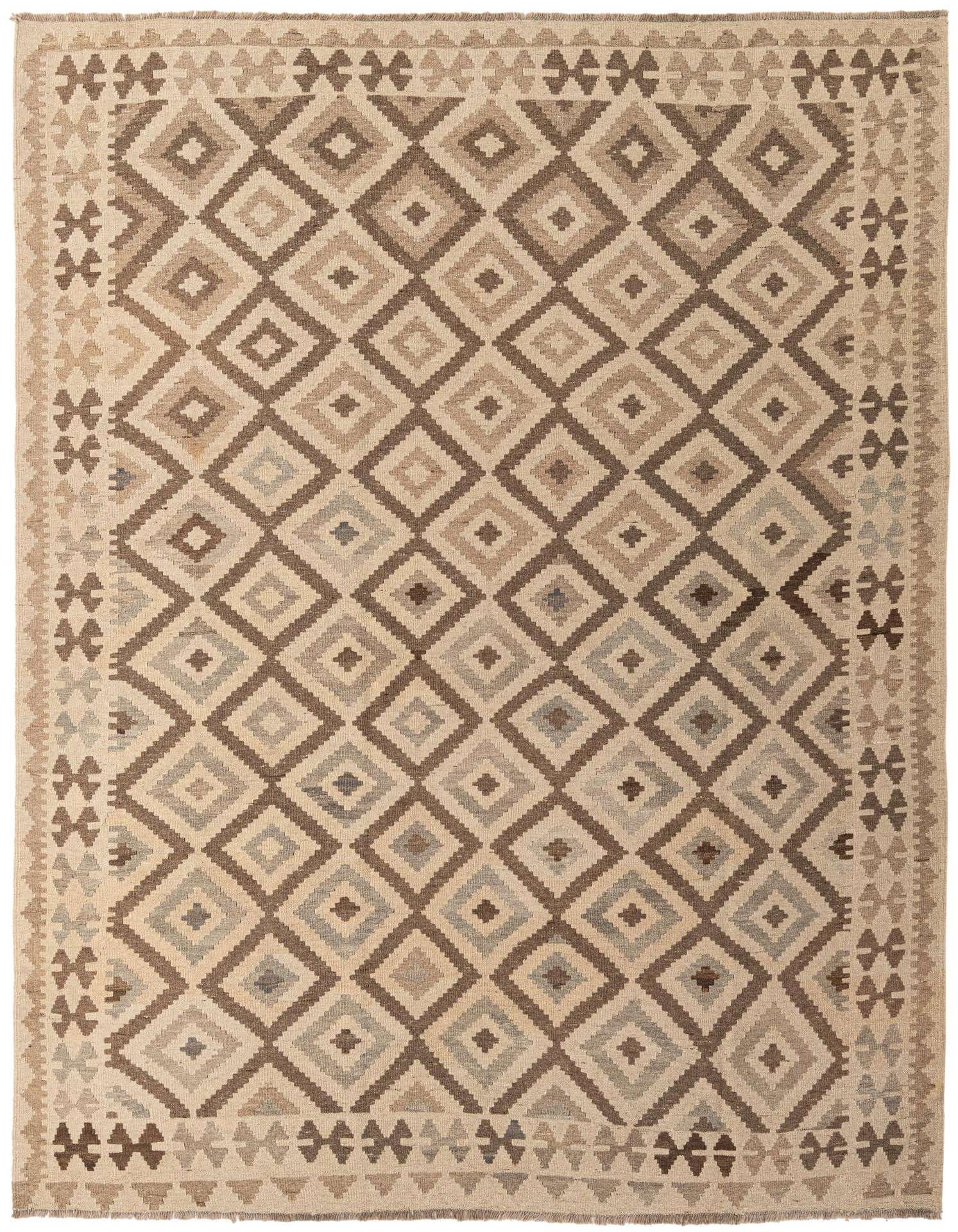 A 7x10 rectangular Kilim Maymana rug featuring a tribal diamond pattern in ivory, cream, and brown tones.