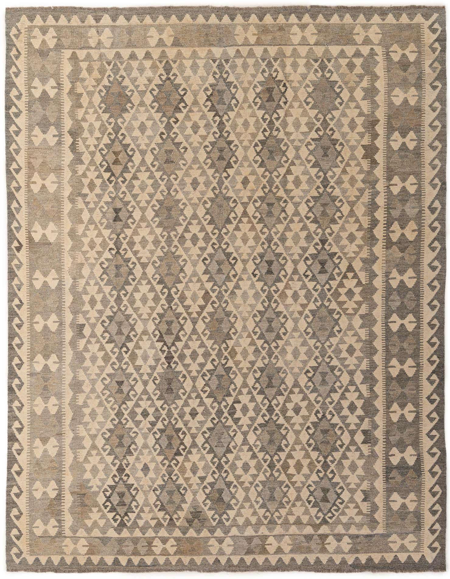 A 7x10 rectangular Kilim Maymana rug featuring a tribal geometric pattern in shades of ivory, cream, and gray.