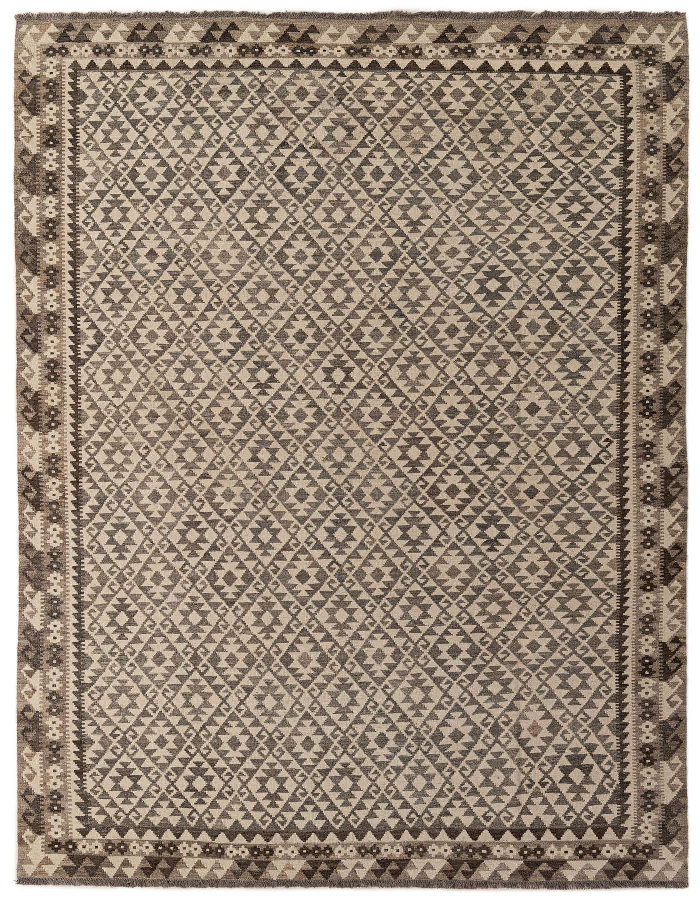 A 7x10 rectangular Kilim Maymana rug featuring a tribal geometric pattern in shades of ivory and cream, handmade from wool.