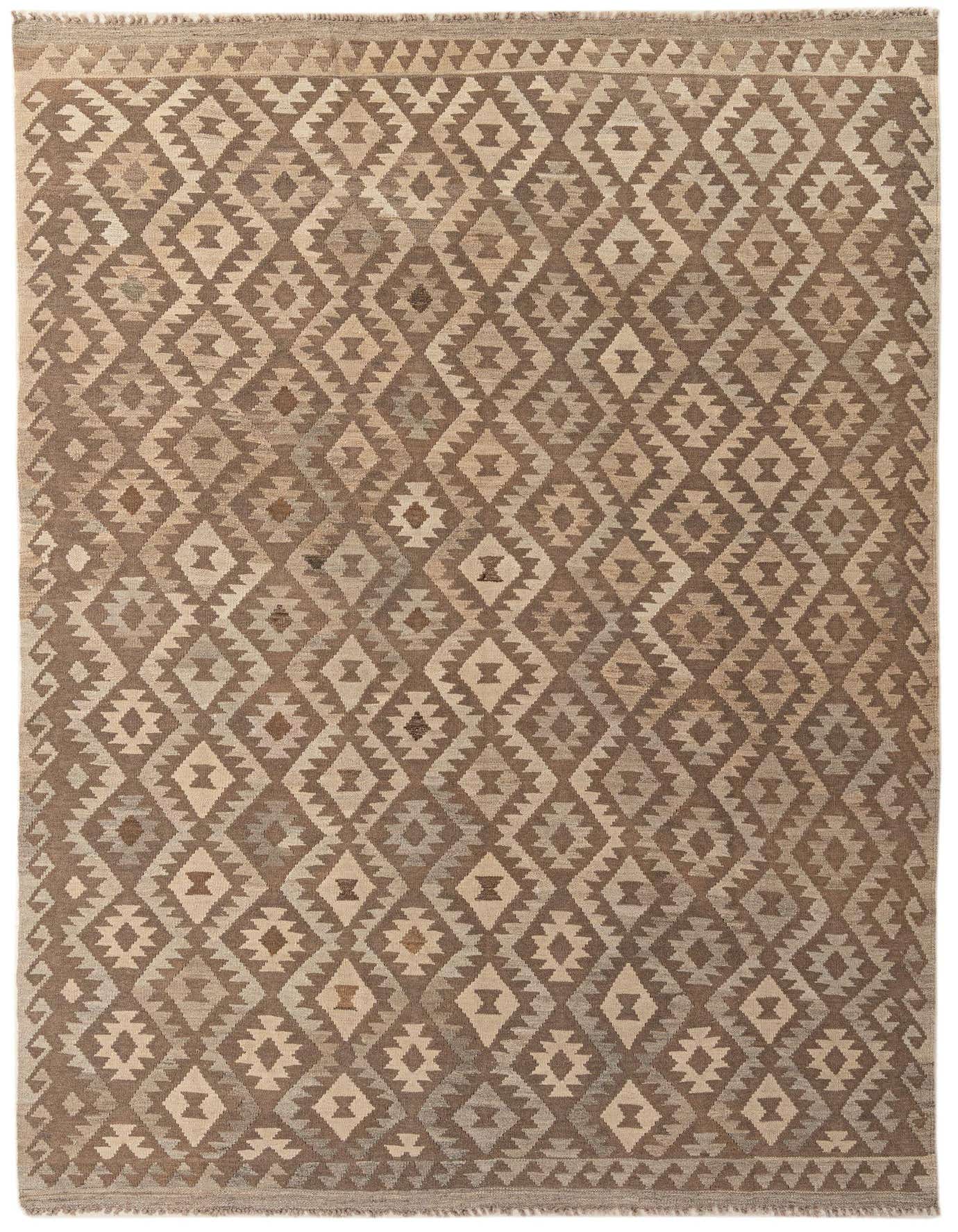 A 7x10 rectangular flatweave Kilim Maymana rug featuring a tribal diamond pattern in shades of ivory and cream.