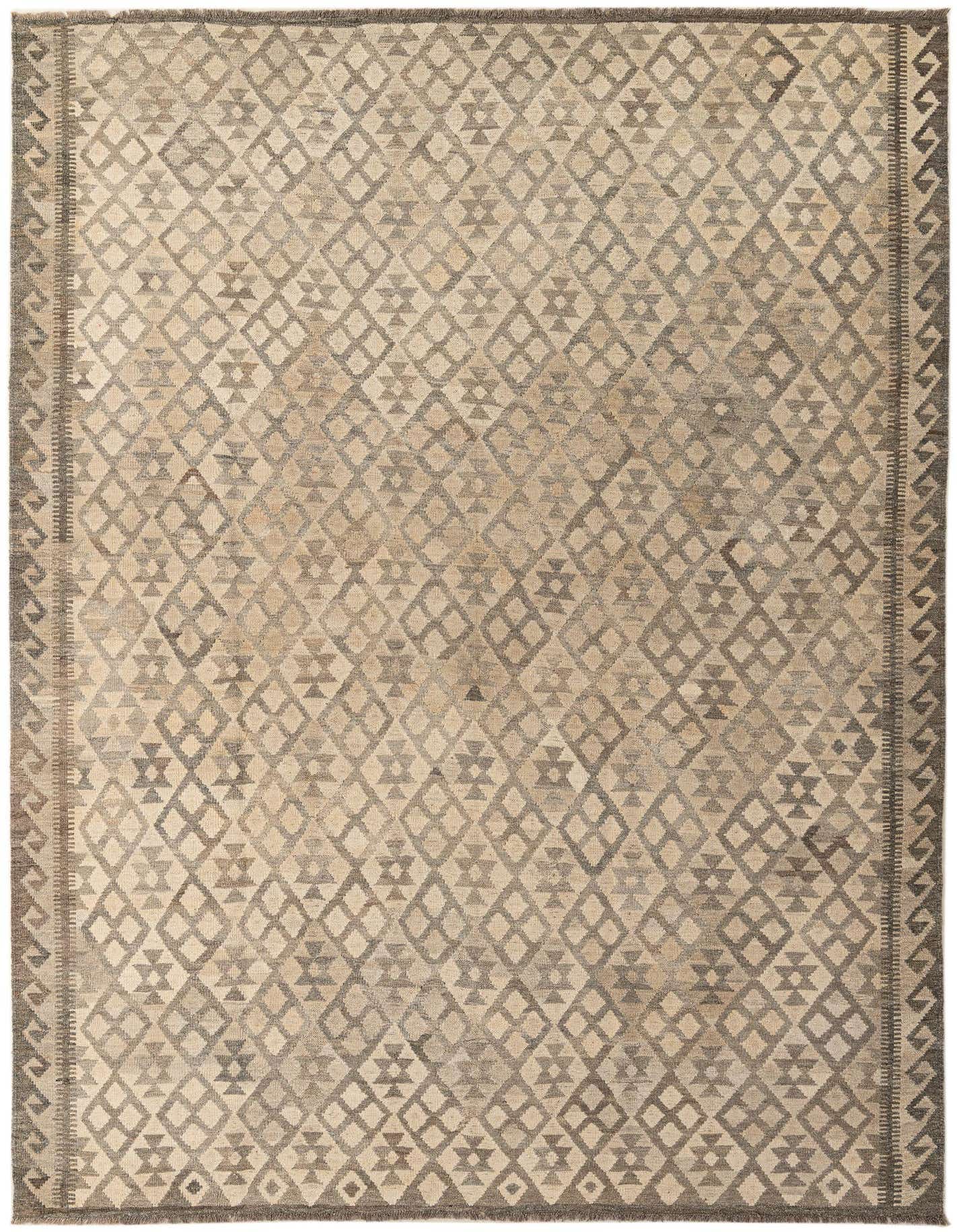 A 7x10 rectangular Kilim Maymana rug featuring a tribal geometric pattern in ivory and cream tones with a flatweave texture.