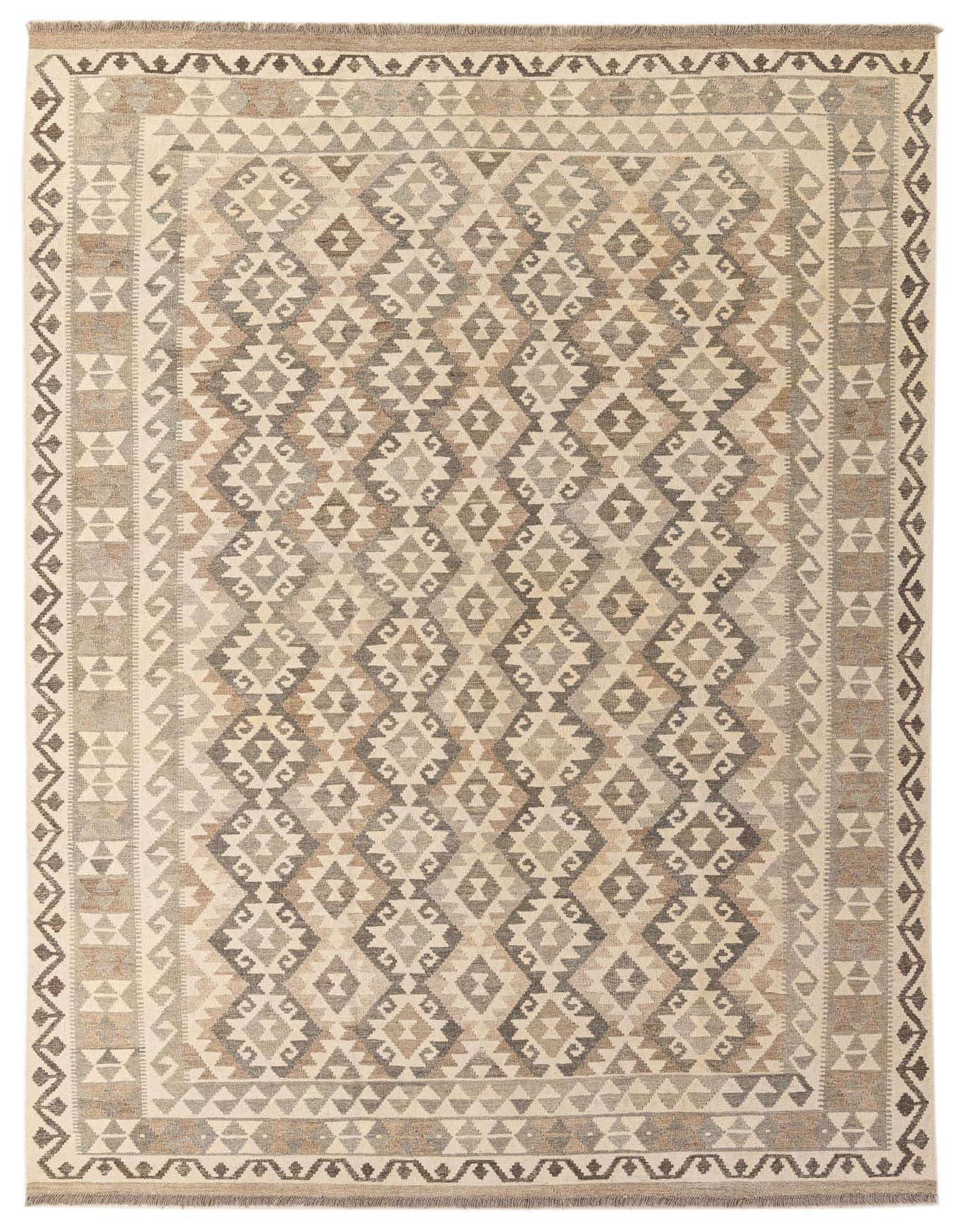 A 7x10 rectangular flatweave rug with a tribal geometric pattern in ivories, creams, and various shades of brown and grey.