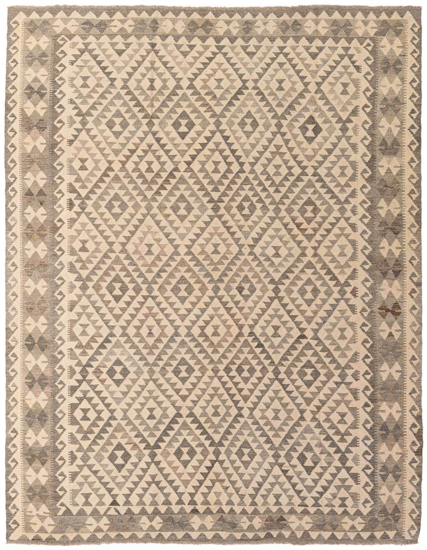 A 7x10 rectangular Kilim Maymana wool rug featuring an ivory background with a tribal geometric pattern in shades of gray and cream.