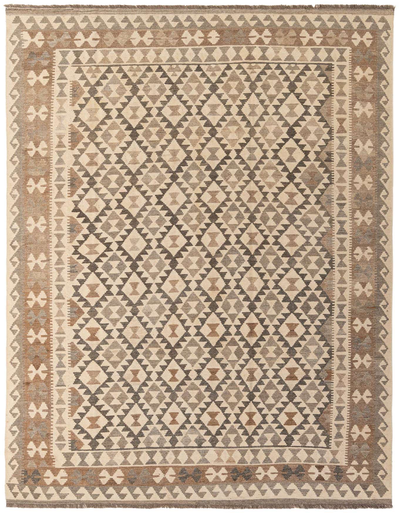 A 7x10 rectangular flatweave rug with a tribal geometric pattern in ivory, cream, and brown tones.