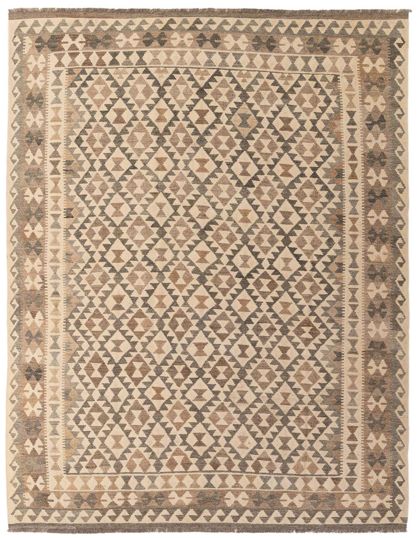 A 7x10 rectangular flatweave rug with a tribal geometric pattern in shades of ivory, cream, and brown.