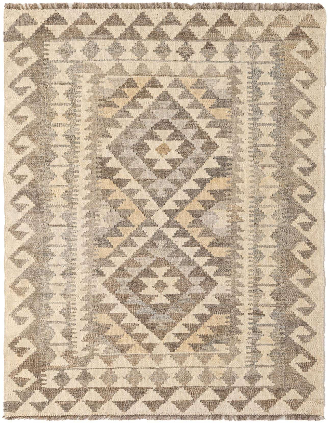 A 3x5 rectangular Kilim Maymana rug featuring a tribal geometric pattern in shades of ivory, cream, and warm gray.