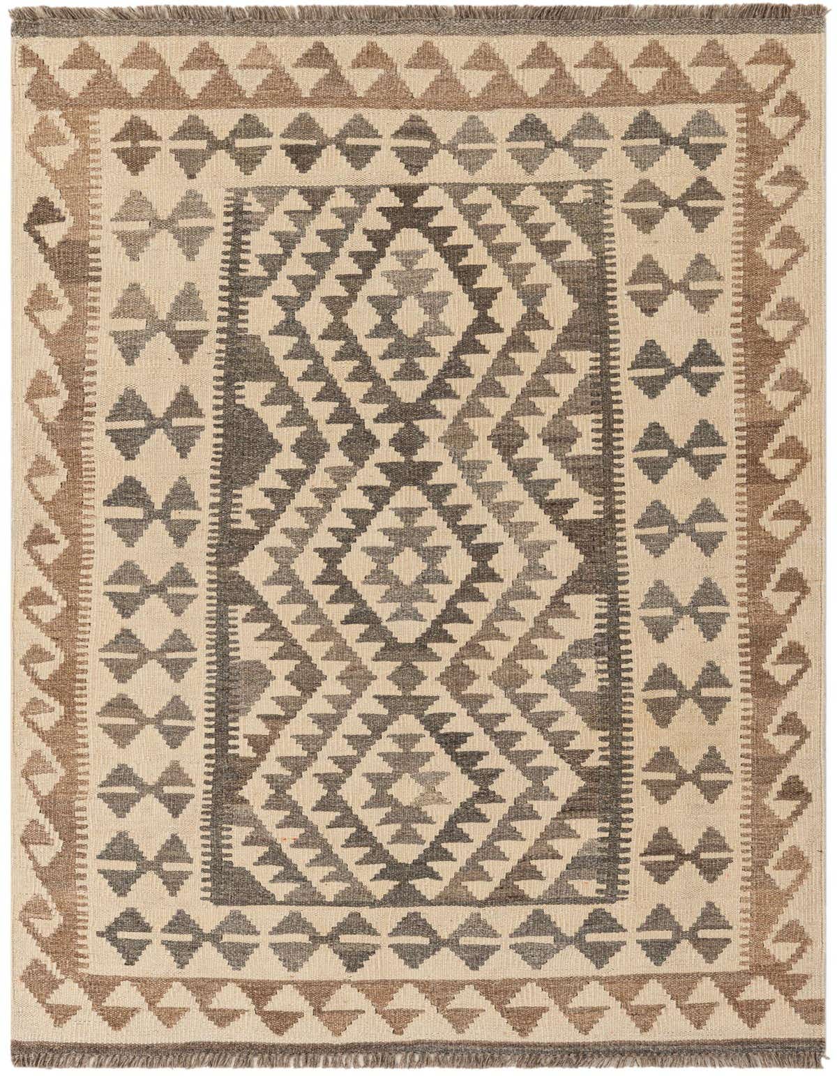A 3x5 rectangular Kilim Maymana rug with a tribal pattern in ivory, cream, and shades of brown and gray.