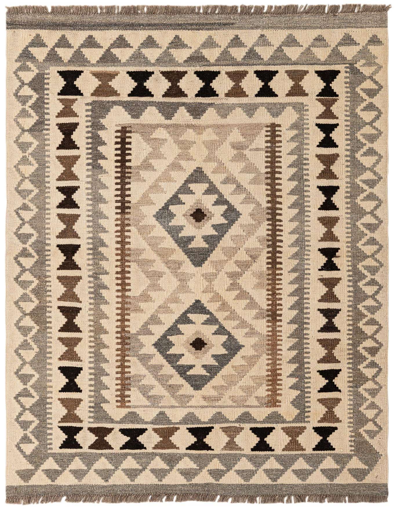 A 3x5 rectangular Kilim Maymana rug with tribal patterns in ivory, cream, brown, and gray, featuring geometric diamonds and border motifs.