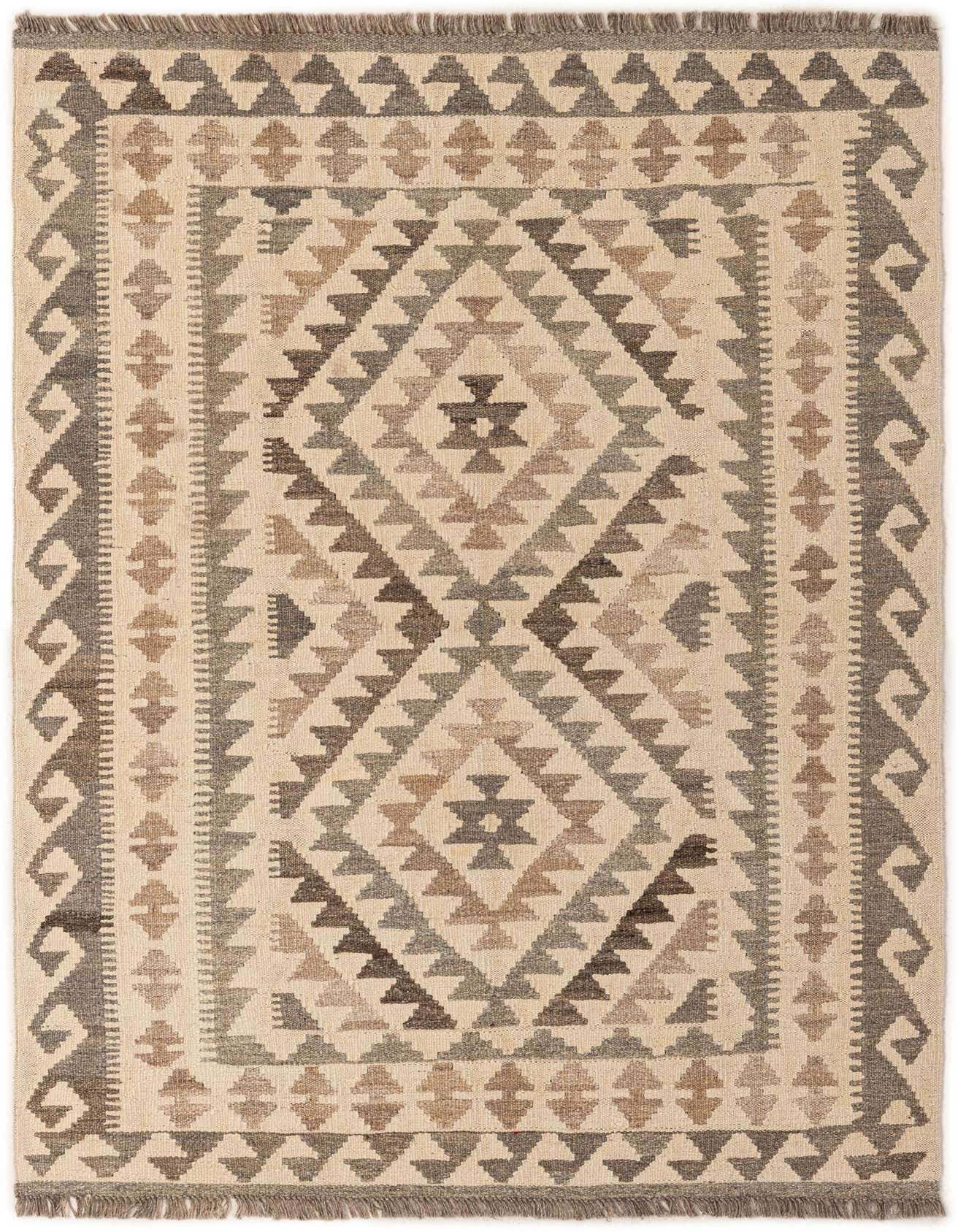 A 3x5 rectangular Kilim Maymana rug with a tribal geometric pattern in ivory, cream, and various shades of brown and gray.