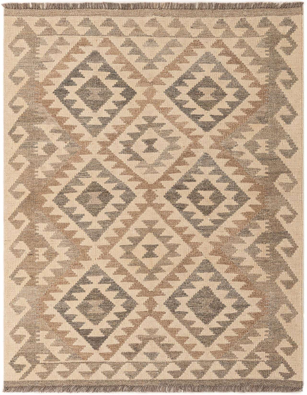 A 3x5 rectangular Kilim Maymana rug with a tribal geometric pattern in ivory, cream, brown, and gray tones.