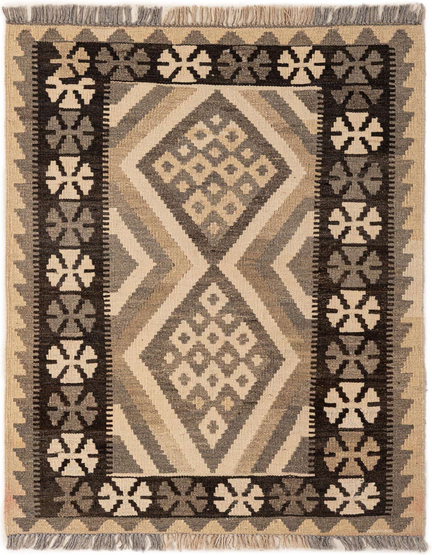 A 3x4 rectangular Kilim Maymana rug featuring a tribal geometric pattern in ivory, cream, and dark brown tones.