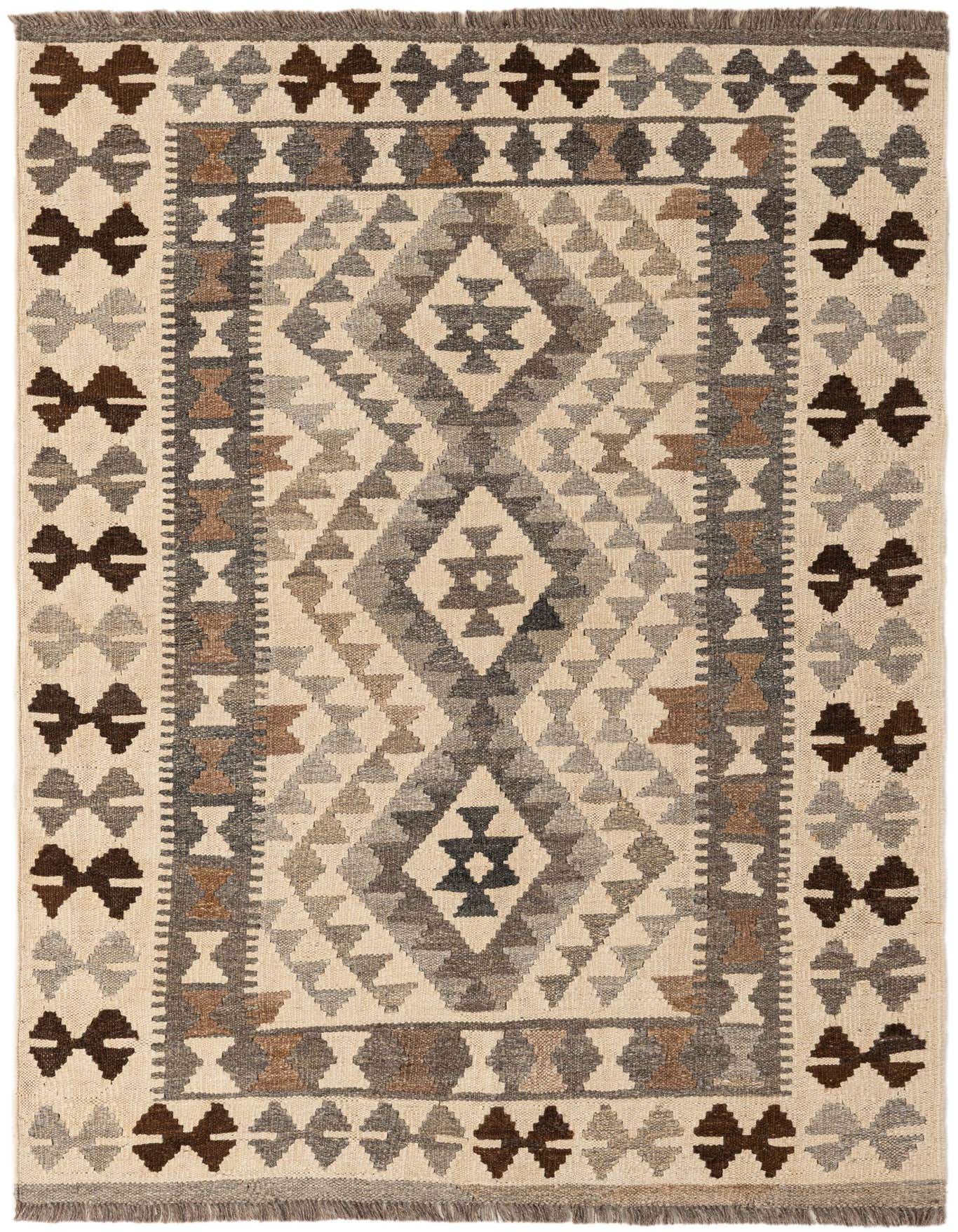 A 3x5 rectangular ivory and cream flatweave rug with a tribal geometric pattern in shades of brown and gray.