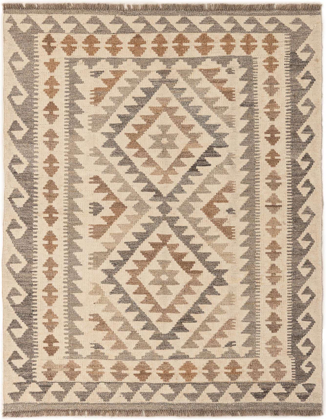 A 3x5 rectangular Kilim Maymana rug with an ivory background and a tribal geometric pattern in shades of brown and gray.