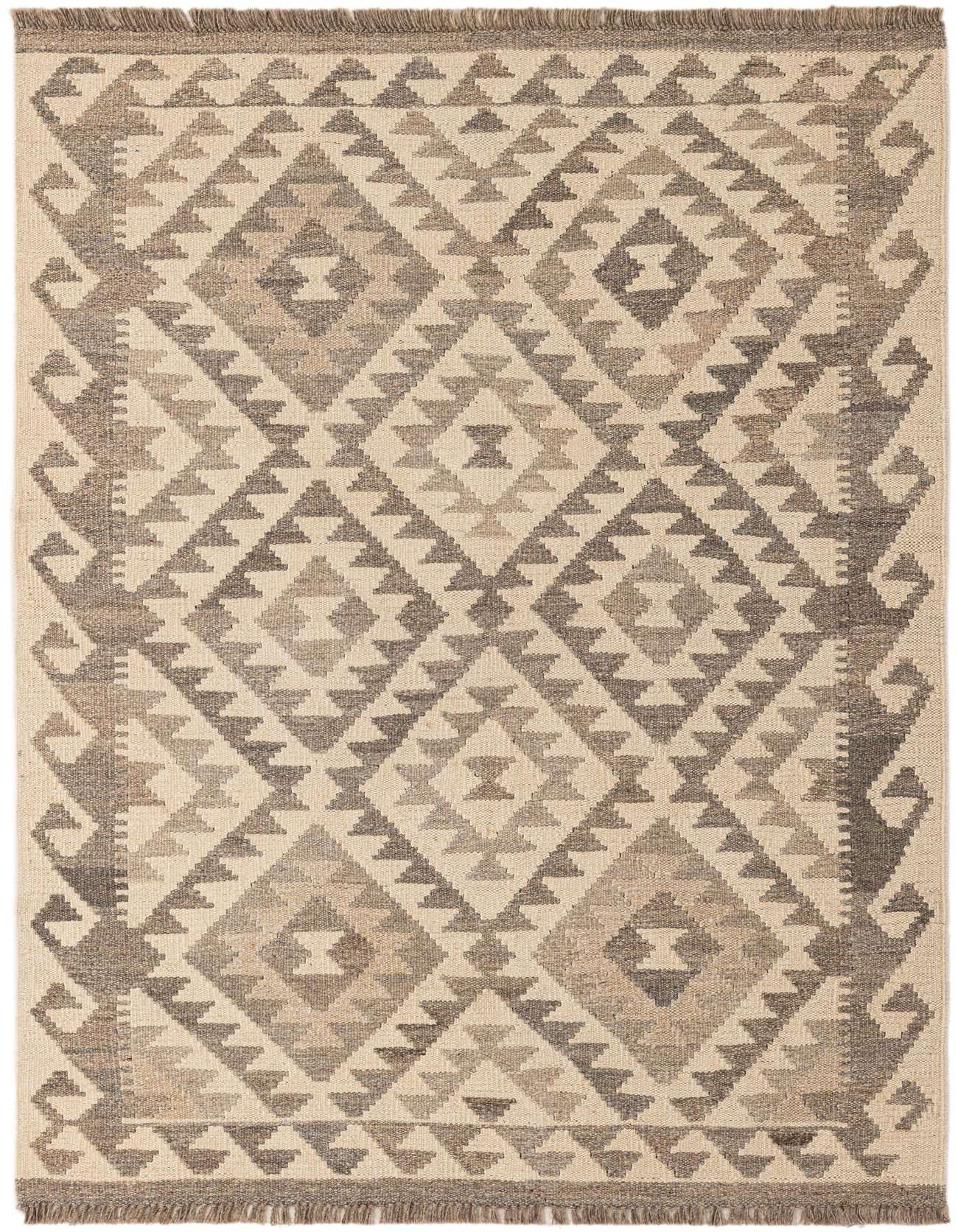 A 3x5 rectangular Kilim Maymana rug featuring a tribal geometric pattern in ivories, creams, and various shades of brown.