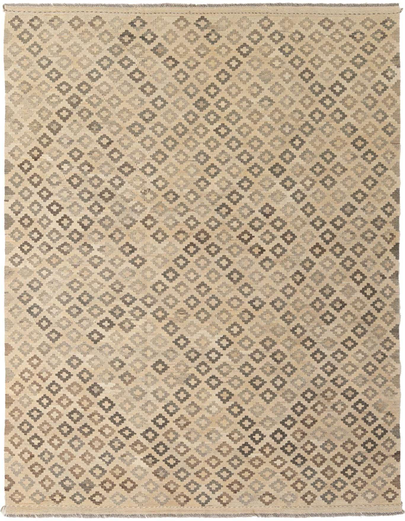 A 7x10 rectangular flatweave Kilim Maymana rug with a tribal geometric diamond pattern in varying shades of ivory and cream.