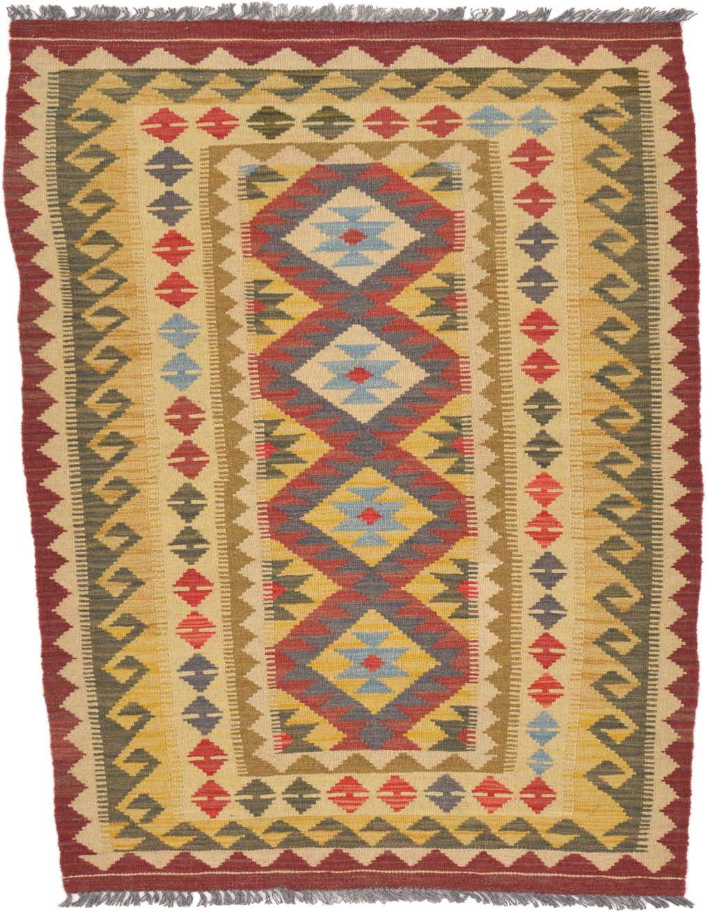 A 4x6 rectangular Kilim Maymana rug with a Southwestern tribal pattern in ivories, creams, red, blue, and gold.
