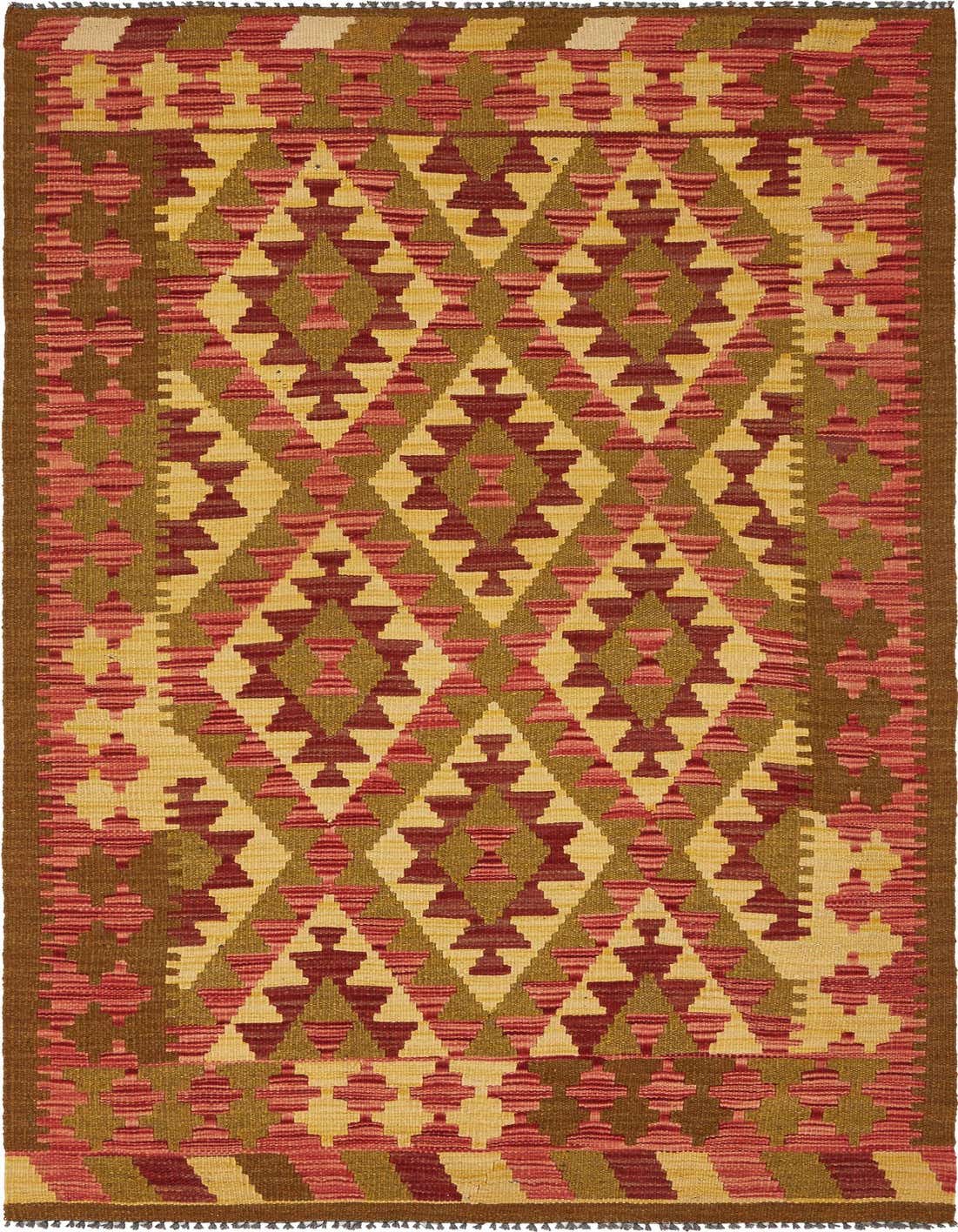 A 4x6 rectangular Kilim Maymana rug with a traditional tribal pattern in ivory, cream, red, and olive green.