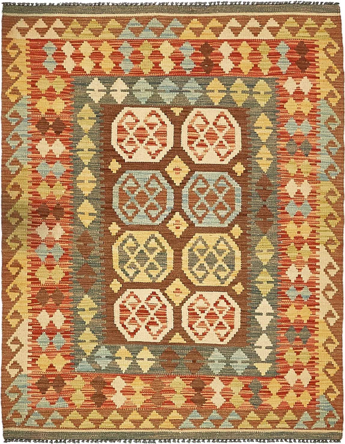 A 4x6 rectangular Kilim Maymana rug with a traditional tribal pattern in ivories, creams, reds, blues, and browns.