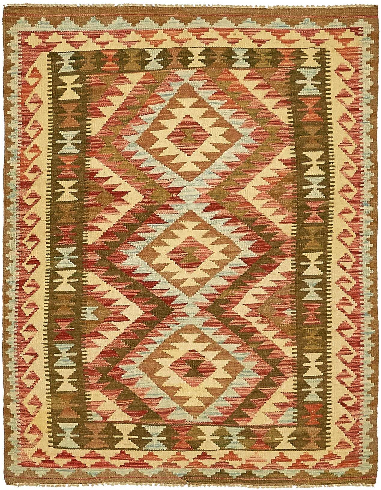 A 3x5 rectangular Kilim Maymana wool rug featuring a traditional tribal pattern in ivories, creams, browns, reds, and light blue.