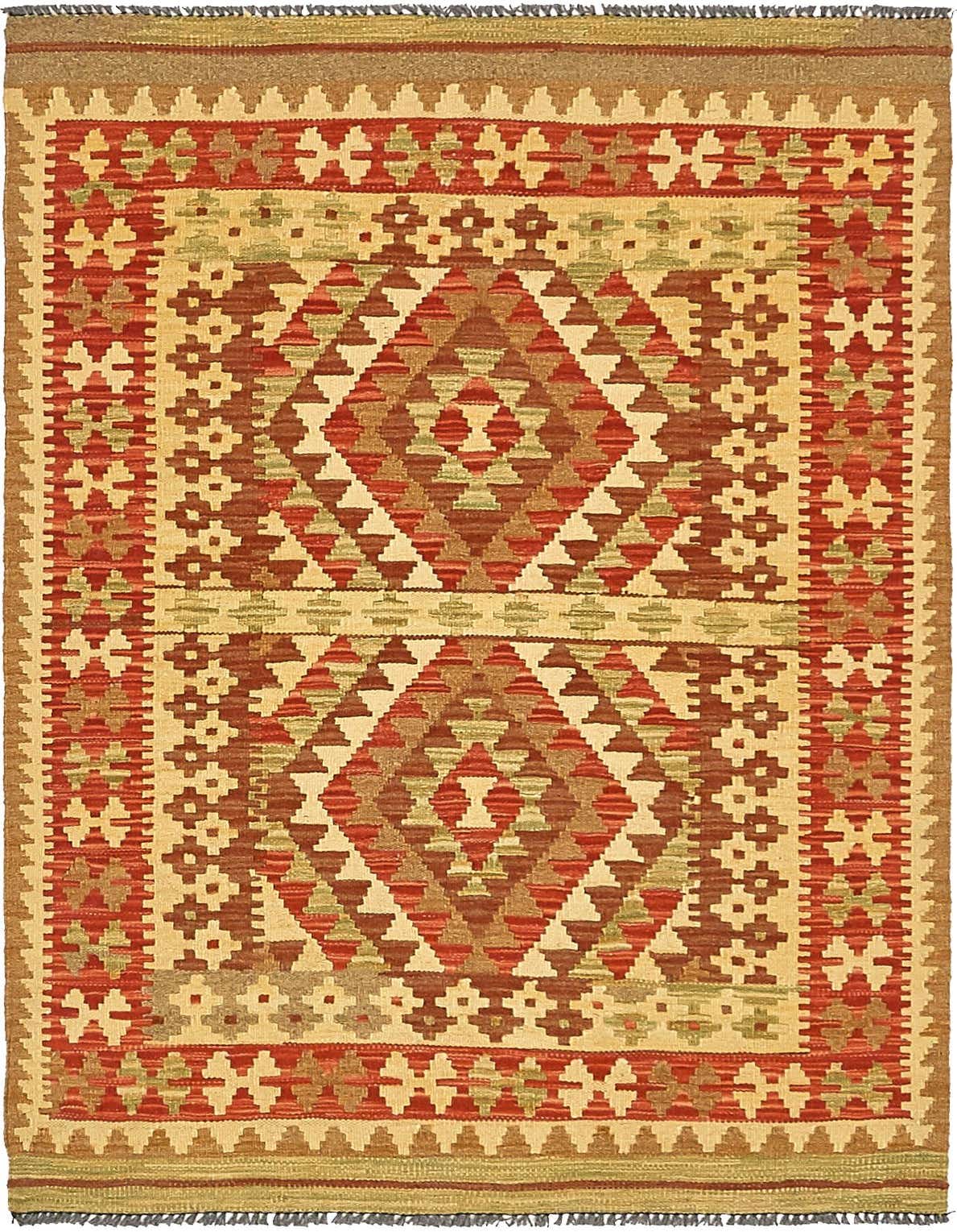 A 3x5 rectangular Kilim Maymana rug featuring a tribal medallion pattern in ivories, creams, reds, and browns.