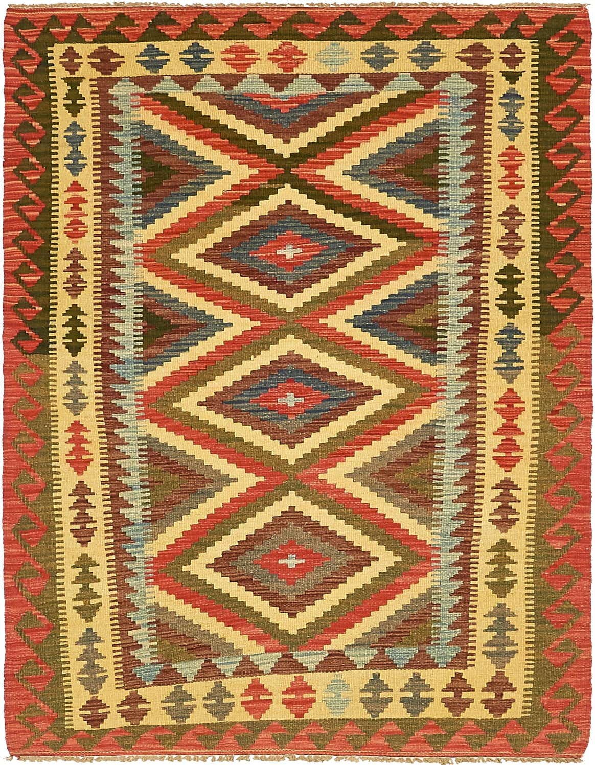 A 4x6 rectangular Kilim Maymana rug with a tribal, oriental pattern in ivories, creams, reds, blues, and greens.