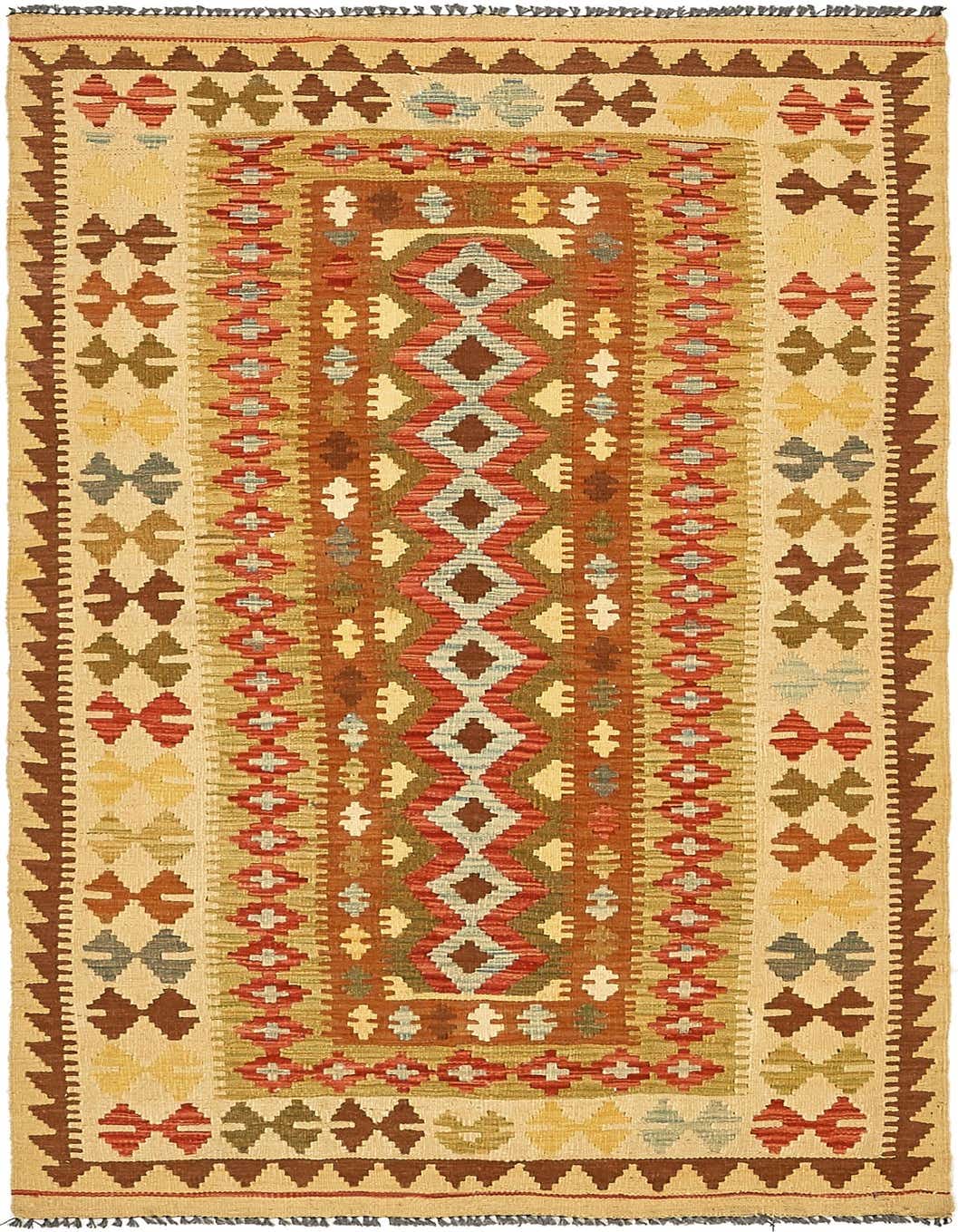 A 4x6 rectangular Kilim Maymana rug with tribal and oriental patterns in ivory, cream, brown, red, and blue tones, ideal for a living room.