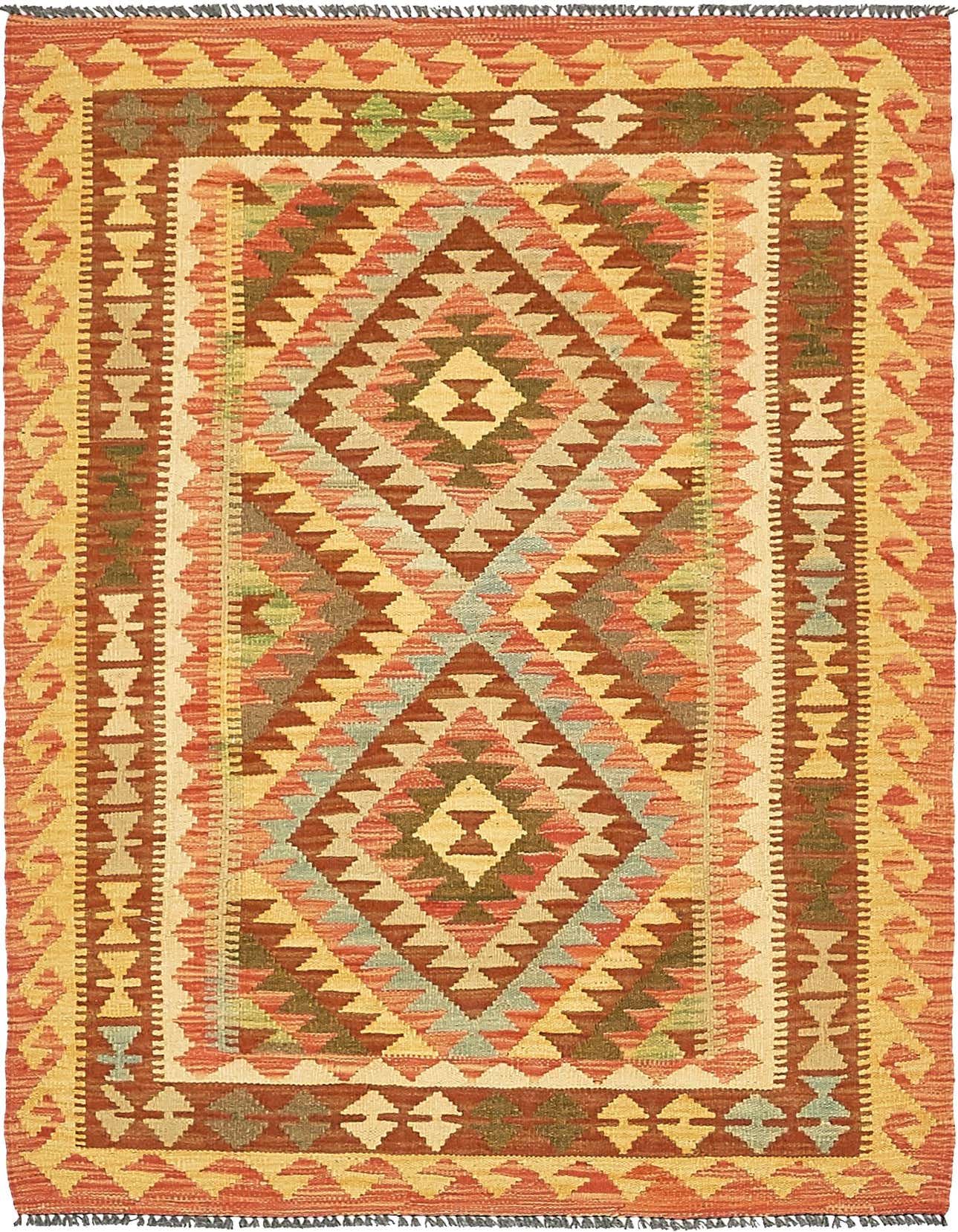 A 4x6 rectangular Kilim Maymana rug with a tribal, oriental pattern in shades of ivory, cream, brown, and subtle green and blue.