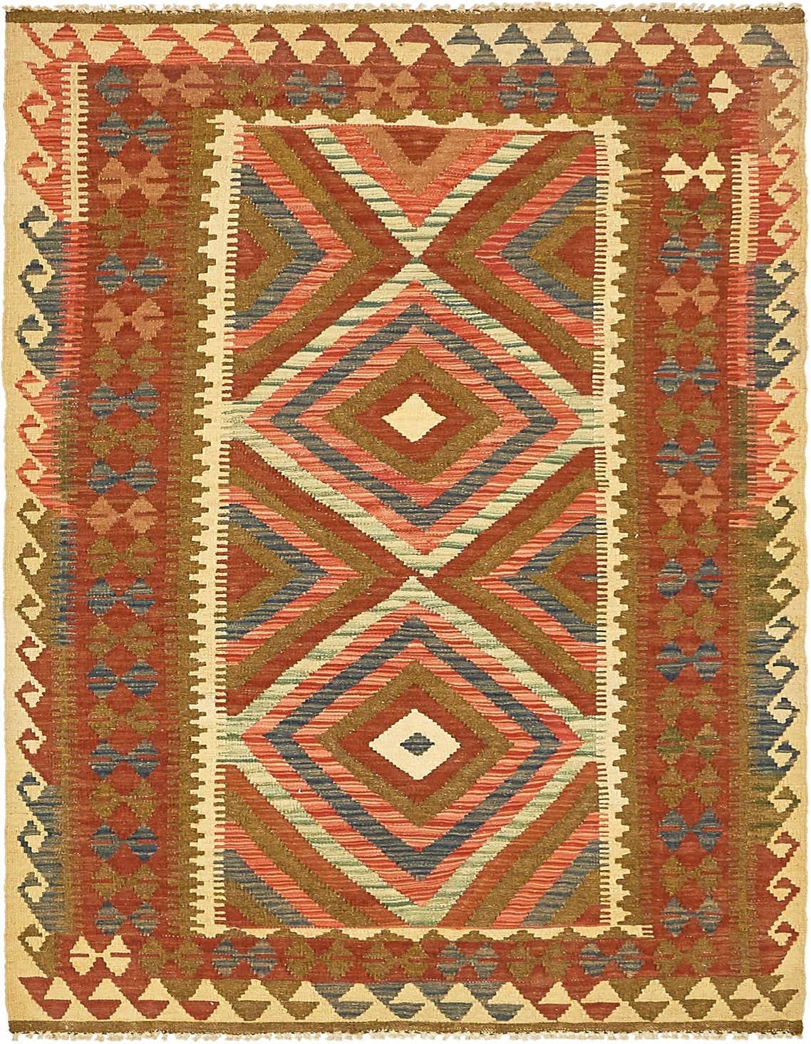 A 4x6 rectangular Kilim Maymana rug featuring a tribal medallion pattern in ivories, creams, reds, blues, and browns.