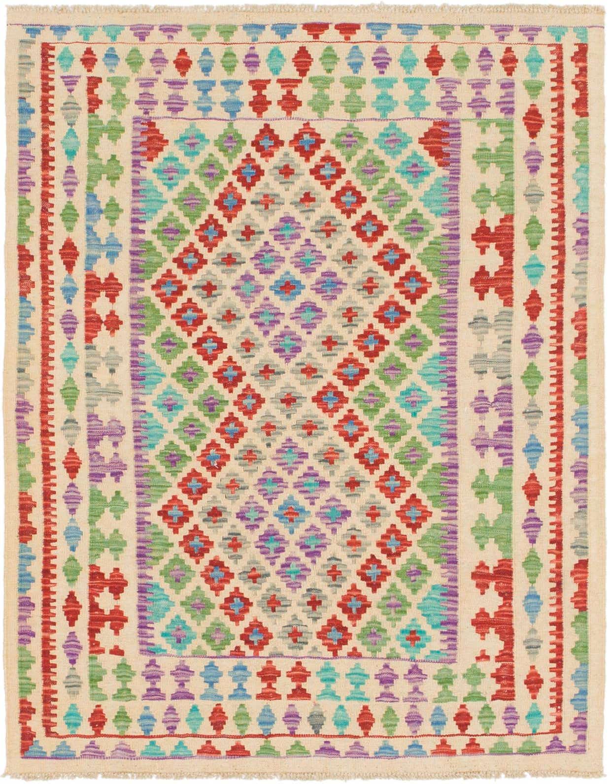 A 4x6 rectangular Kilim Maymana rug with a cream background and colorful tribal geometric patterns in red, blue, green, and purple.