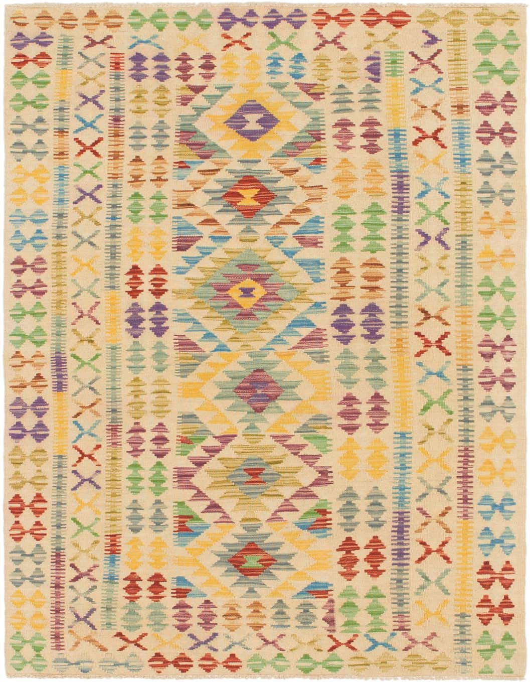A 4x6 rectangular Kilim Maymana rug with a flatweave, featuring a cream background and vibrant tribal patterns in red, blue, green, yellow, and purple.