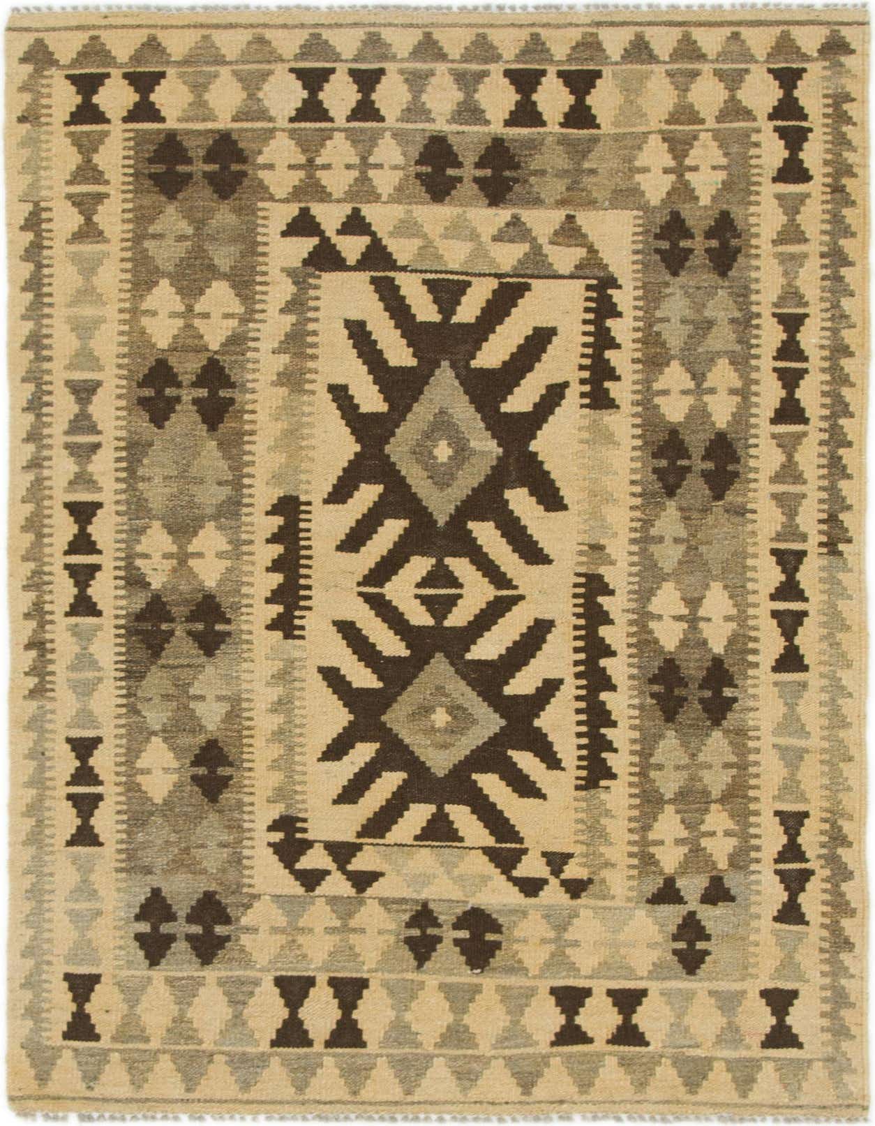 A 3x5 rectangular Kilim Maymana rug with a Southwestern tribal pattern in ivory, cream, and dark brown tones, suitable for a kitchen.