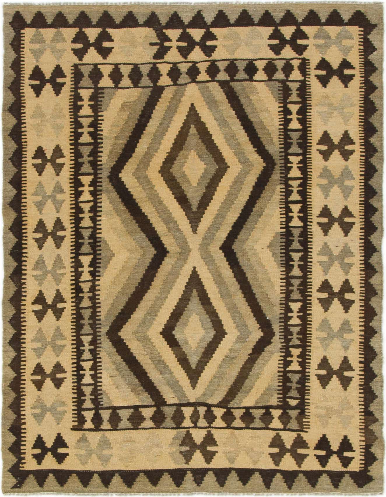A rectangular 3x5 Kilim Maymana rug with a tribal pattern in shades of ivory, cream, and brown.