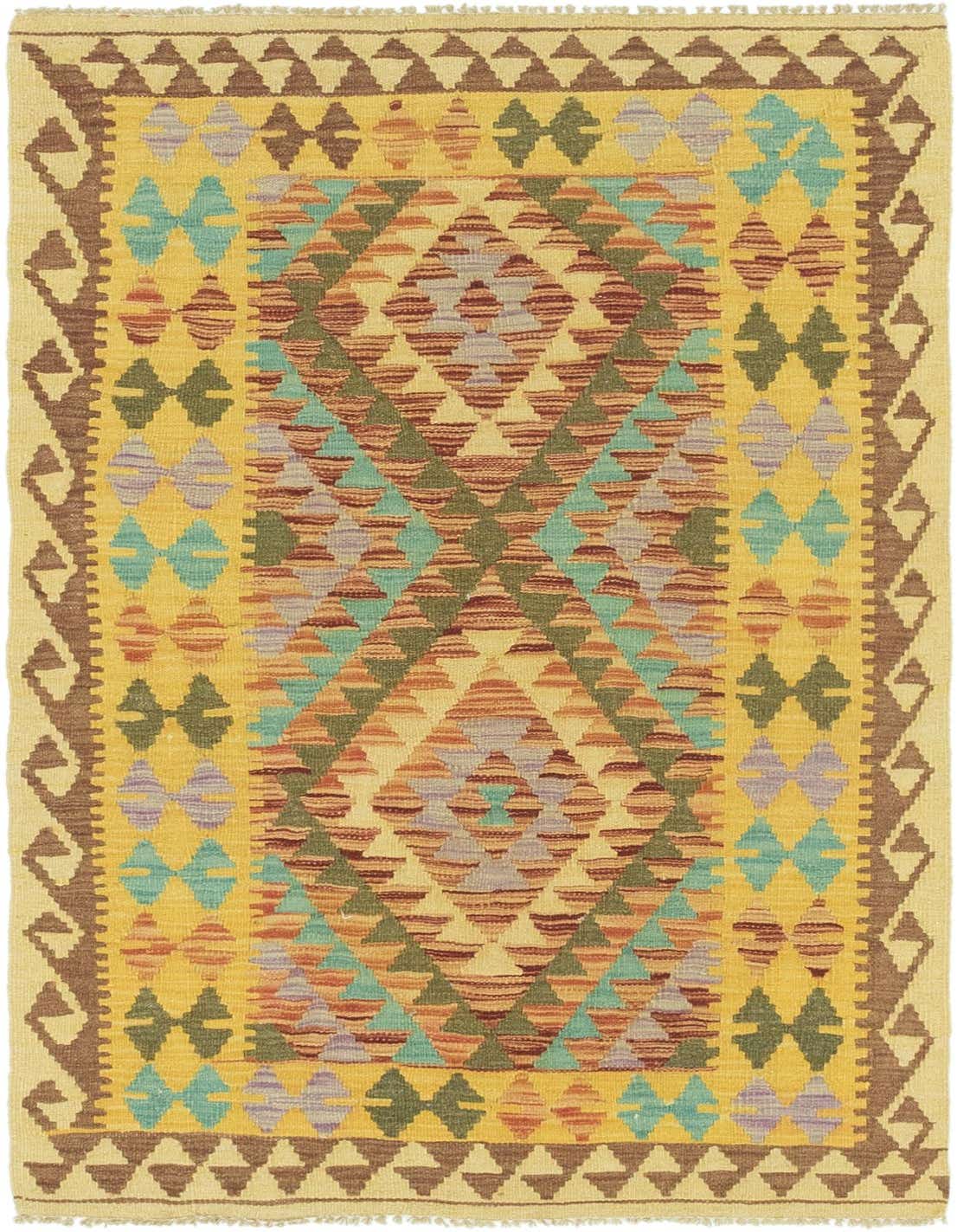 A 3x5 rectangular Kilim Maymana rug with a flatweave, featuring a central medallion and tribal patterns in ivory, cream, brown, teal, and rust tones.