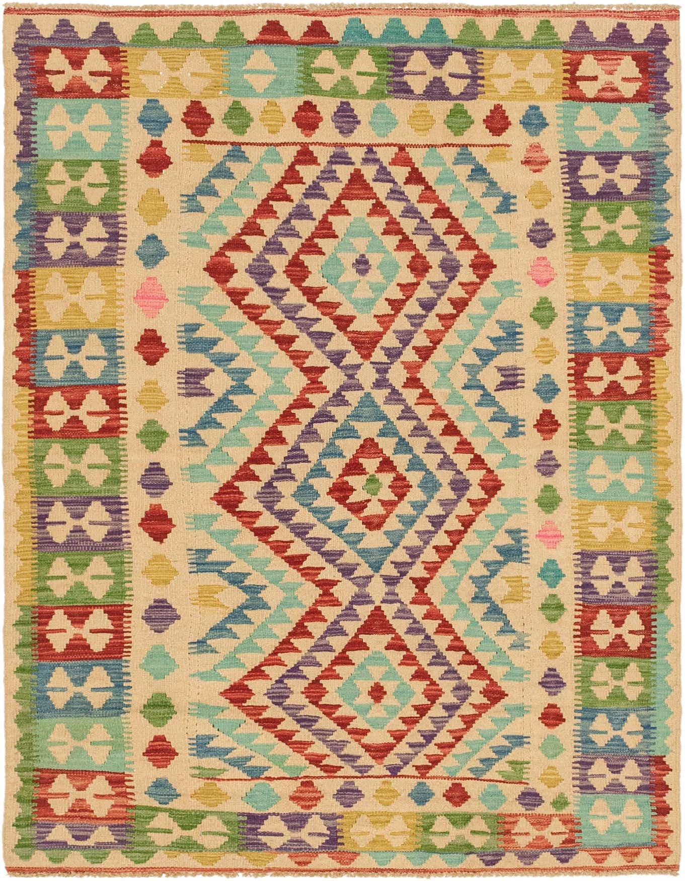 A 4x6 rectangular Kilim Maymana rug with a flatweave, featuring a tribal geometric pattern in ivory, red, blue, green, and purple.