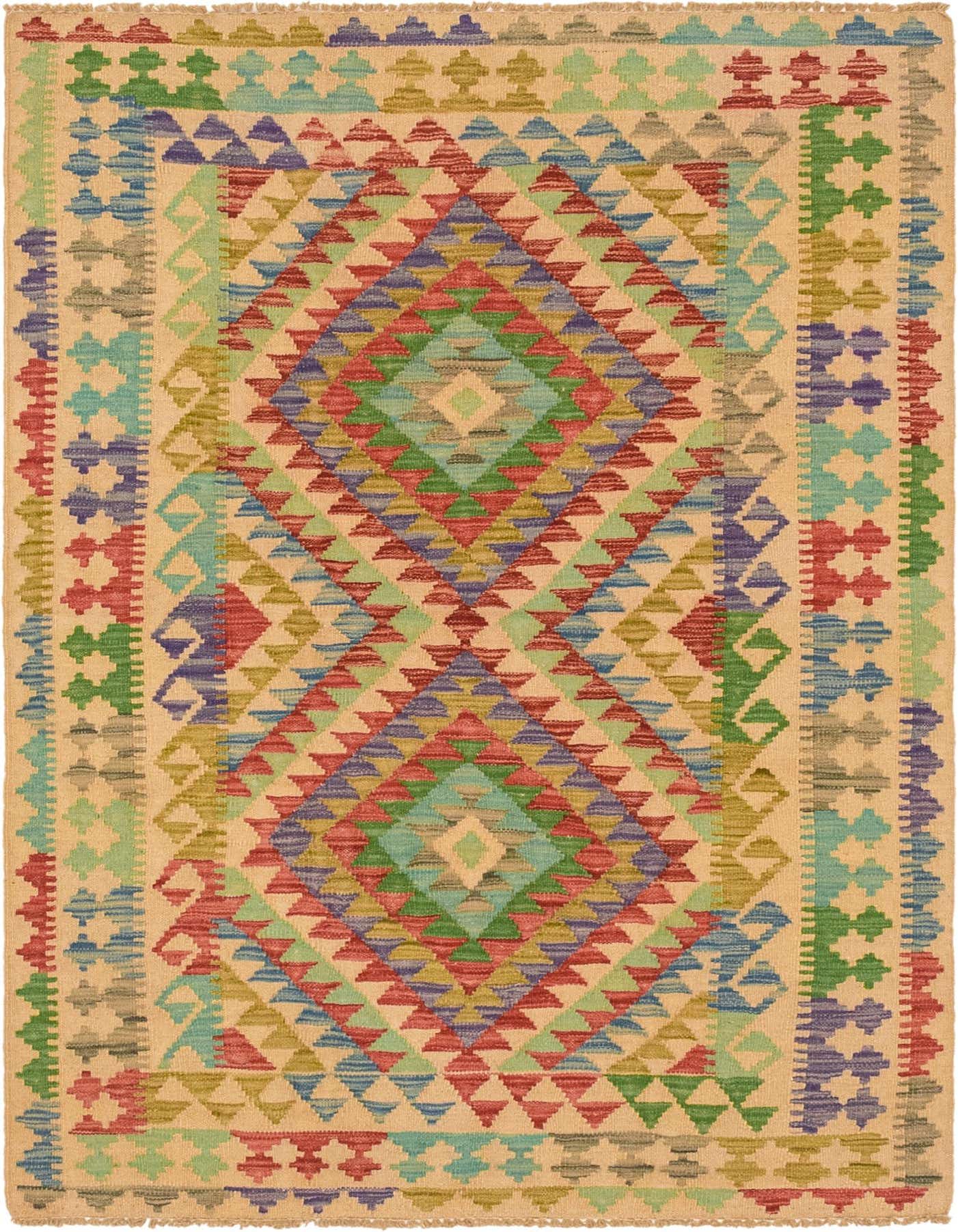 A 4x6 rectangular Kilim Maymana rug with a tribal medallion pattern in ivories, creams, red, blue, and green.