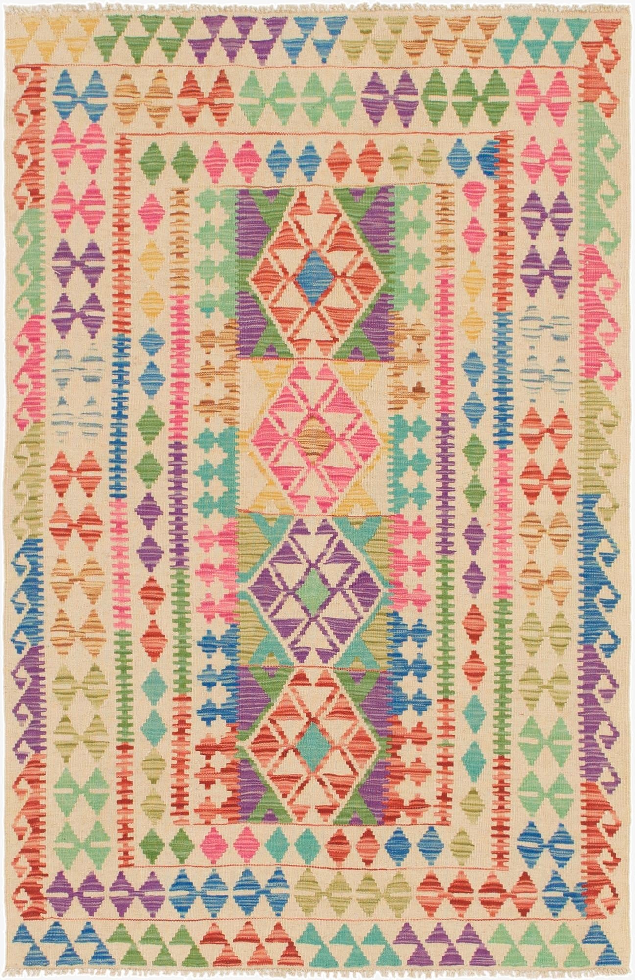  3' 10 x 6'  Hand Woven Kilim Maymana Wool Rug